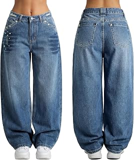 EMMIOL Women Hip Hop 90s Vintage Baggy Jeans Denim Pants Mid Waist Jeans | Loose Fit, Oversized Boyfriend,Going Out Y2K Streetwear, 2026 Trendy Pants,Casual Daily Wear Trousers Clothing