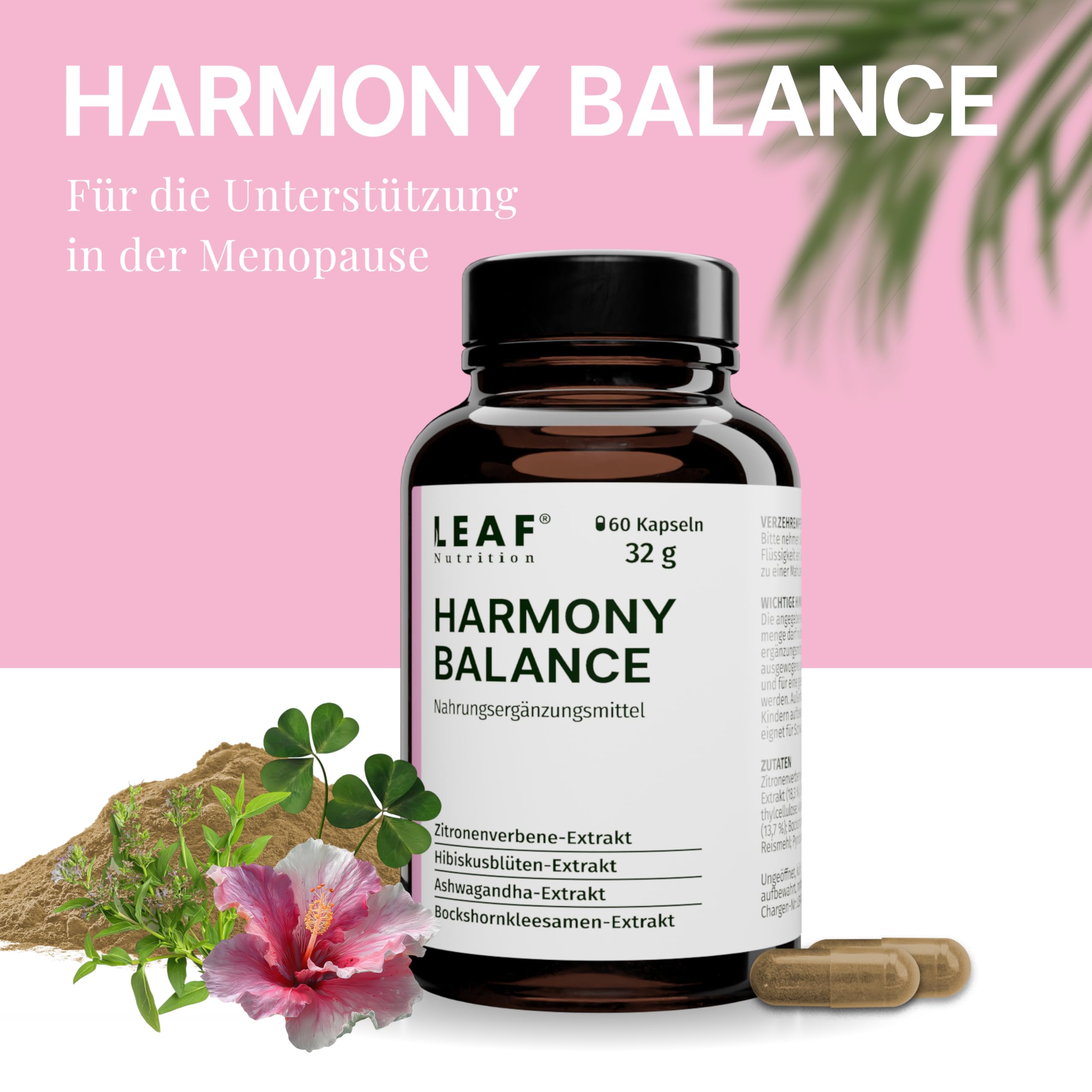LEAF HARMONY BALANCE Kapseln Frauen – Meno Komplex Wechseljahre mit Ashwagandha, Zitronenverbene, Vitamin B6 zur Regulierung der Hormontätigkeit – 60 vegane Kapseln, made in Germany