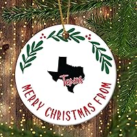 Vista 4 de Adornos de Navidad del estado de Texas, Feliz Navidad del estado de Texas, adorno redondo de porcelana, decoración de árbol de Navidad, regalos