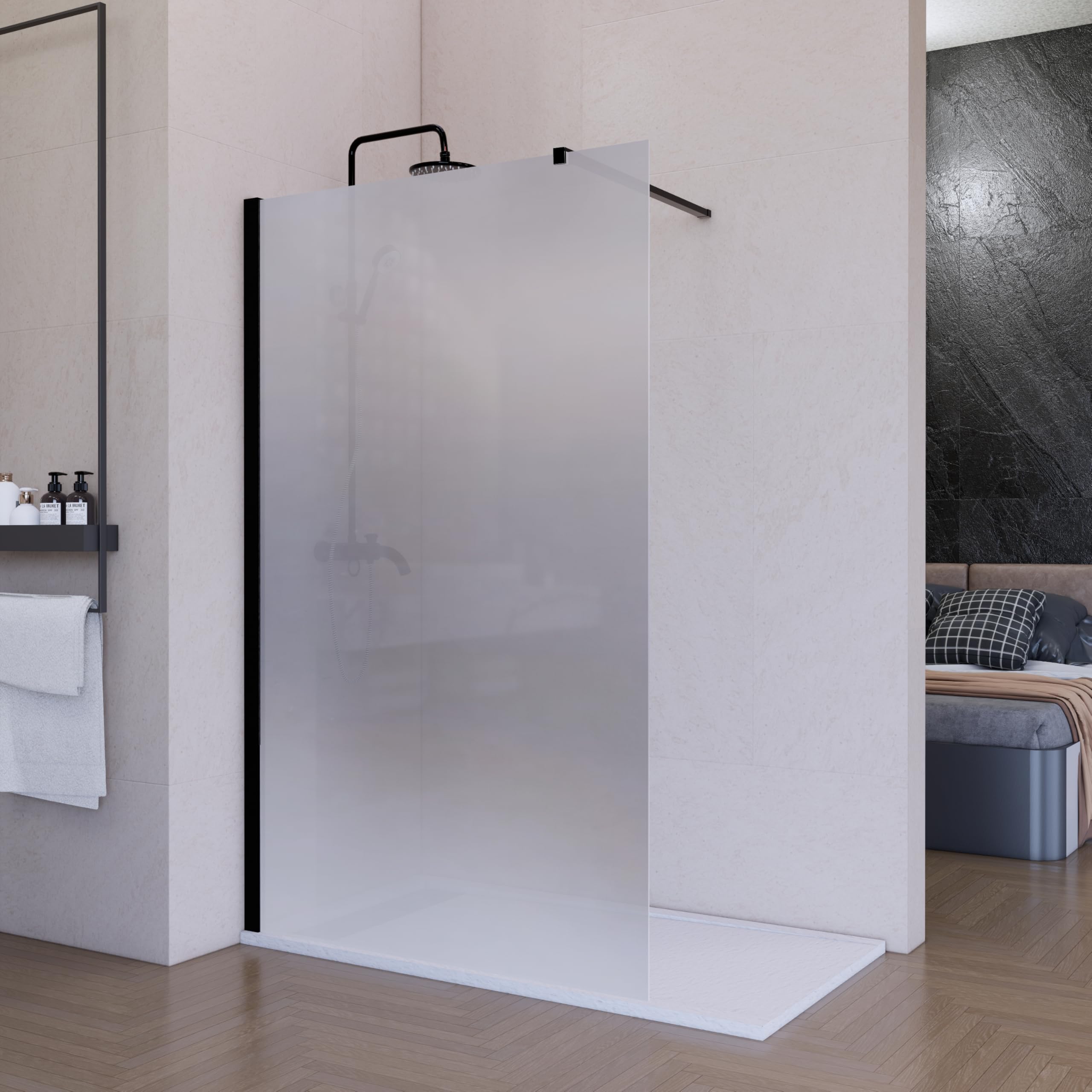 Mampara de Ducha Fija Negra 90 x 200 cm Vitrificada, Cristal Templado Translucida 8 mm con Antical, Panel Walk In Reversible para Baño Moderno