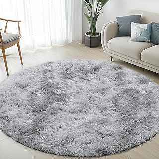 Sour Lemon Wohnzimmerteppiche, 80 x 80 cm, Grauer runder Teppich für Schlafzimmer, waschbarer, Rutschfester, Flauschiger Teppich, zottelige weiche Teppiche, Matte für Kinder, Flur, Wohnzimmer
