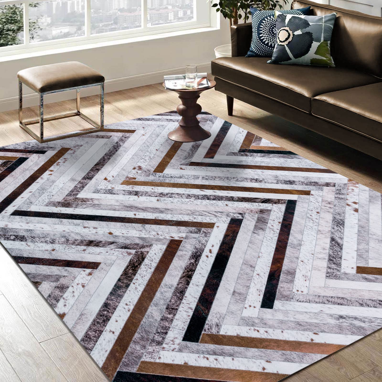 DECOMALL Coronado Machine Washable Rugs, Modern Geometri Rug, Faux Cowhide Patchwork Carpet for Living Room Bedroom Dinning Room,3' 6" x 5' 6", Multi
