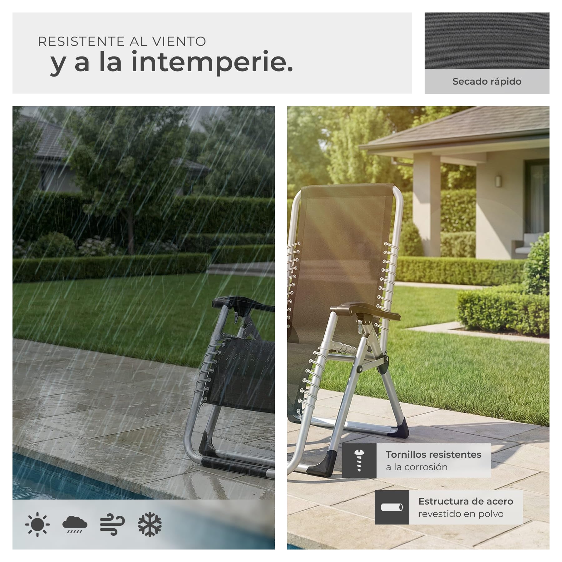 tectake® Silla Tumbona Plegable para Playa y Jardín, Cojín Cabezal Extraíble, Estructura de Acero, Mesa Auxiliar, Ideal para Camping y Picnic, Silla Exterior Terraza - 1 Tumbona Gris Claro