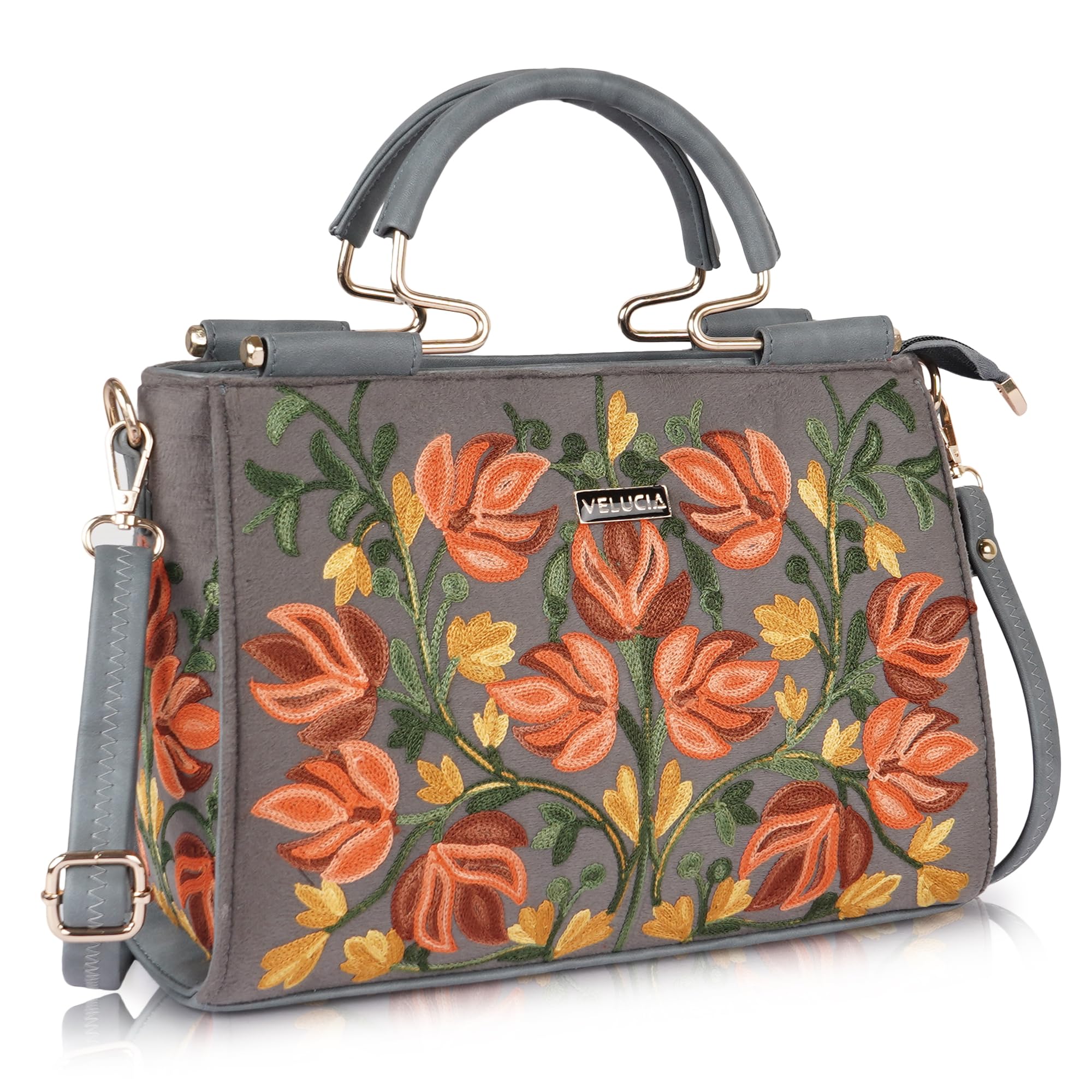 Floral Embroidered Handbag, Floral Leather Handle and Strap-image-17