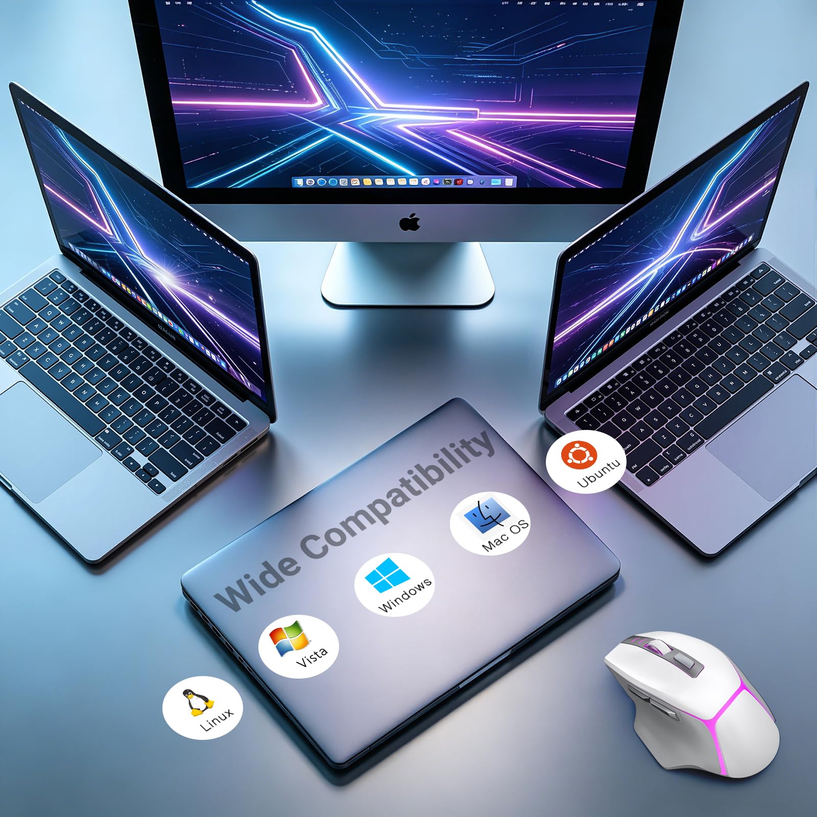 GAMCATZ Mouse da gioco wireless bianco per Mac e iPad, Bluetooth/2.4G/USB-C, mouse da gioco cablato con retroilluminazione a 12500 DPI, mouse ergonomico ricaricabile per computer portatile, PC e