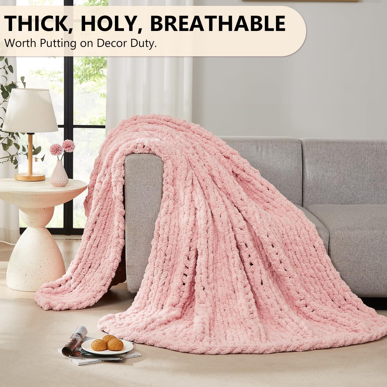 L'AGRATY Chunky-Strickdecke Rosa (150x200 cm), Weiche Chenille-Garn Wurfdecke, Handgemachte Zopfstrick-Decke, Kuschelige Häkeldecke für Sofa, Bett & Wohnkultur