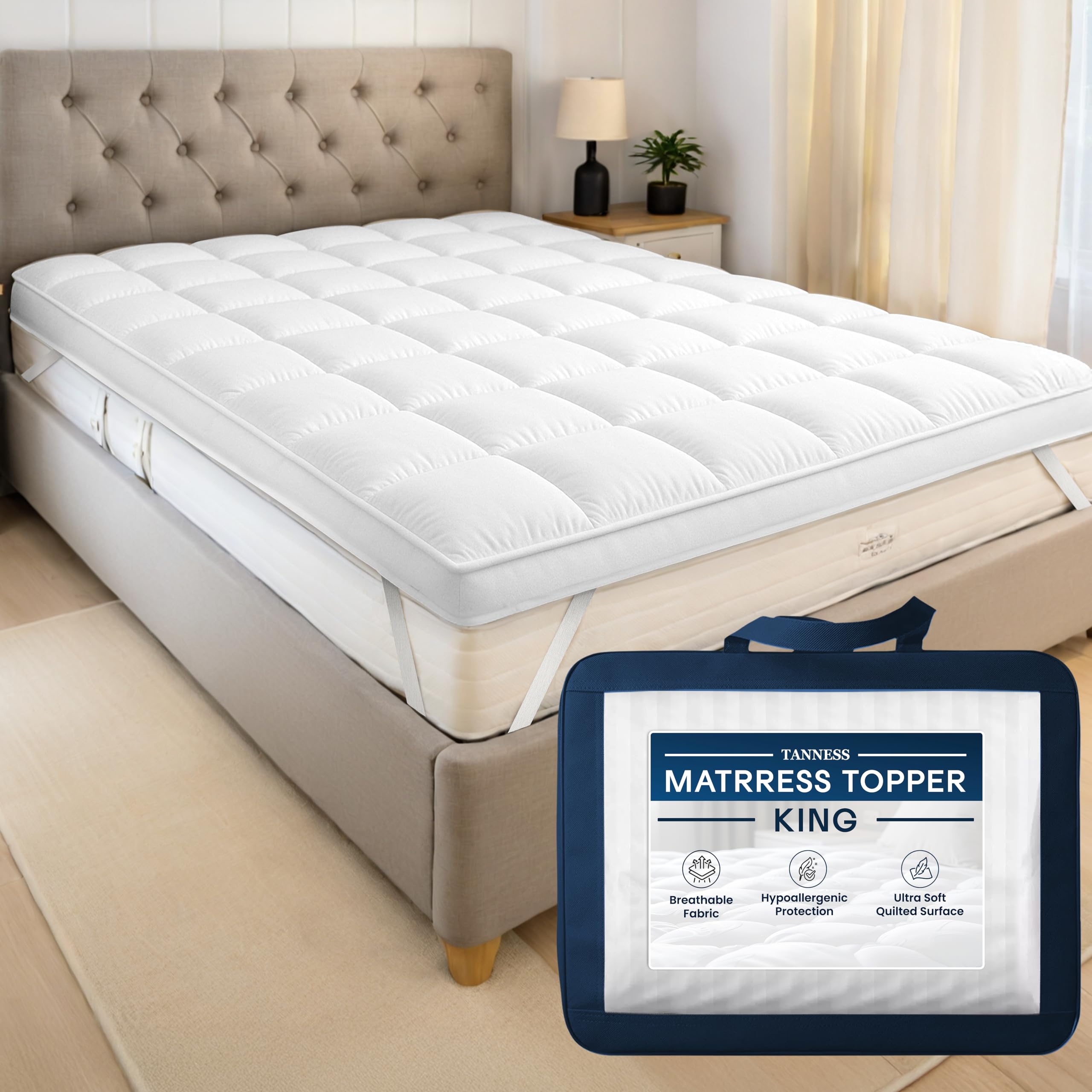 Tanness King Size Mattress Topper - 4 Inch 10cm Thick, Extra Deep, Soft Quilted Microfiber, Breathable & Hypoallergenic, Extra Warmth & Comfort, Machine Washable, Secure Fit with Elastic Straps