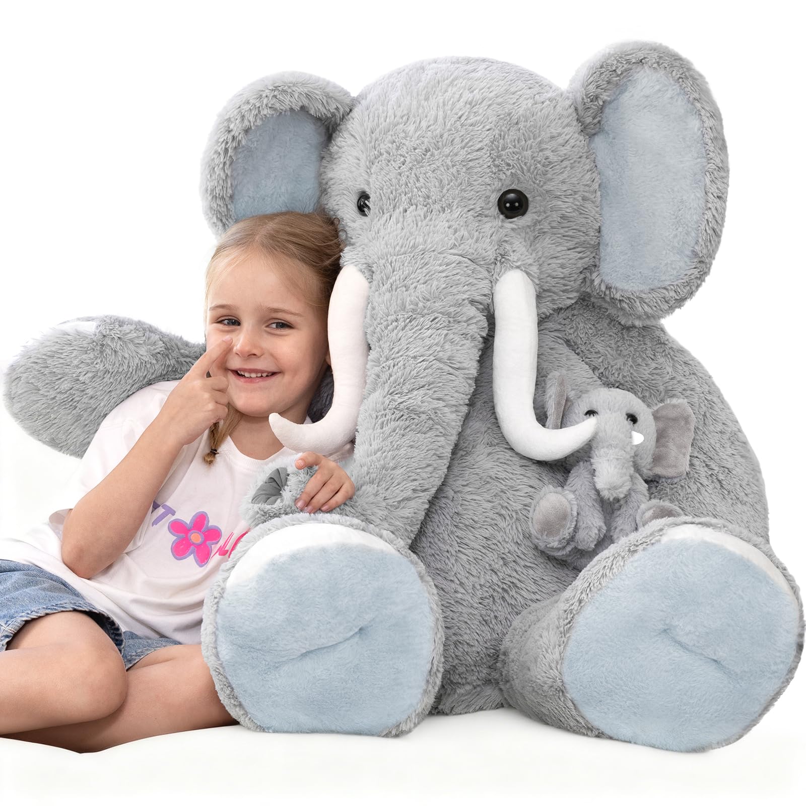 MorisMos XXL Elefante Peluche Gigante, 100cm Realistico Grigio Elefante Grande, Kawaii Morbido Animali di Peluche Regalo per Fidanzate Bambini Compleanno Natale Deco