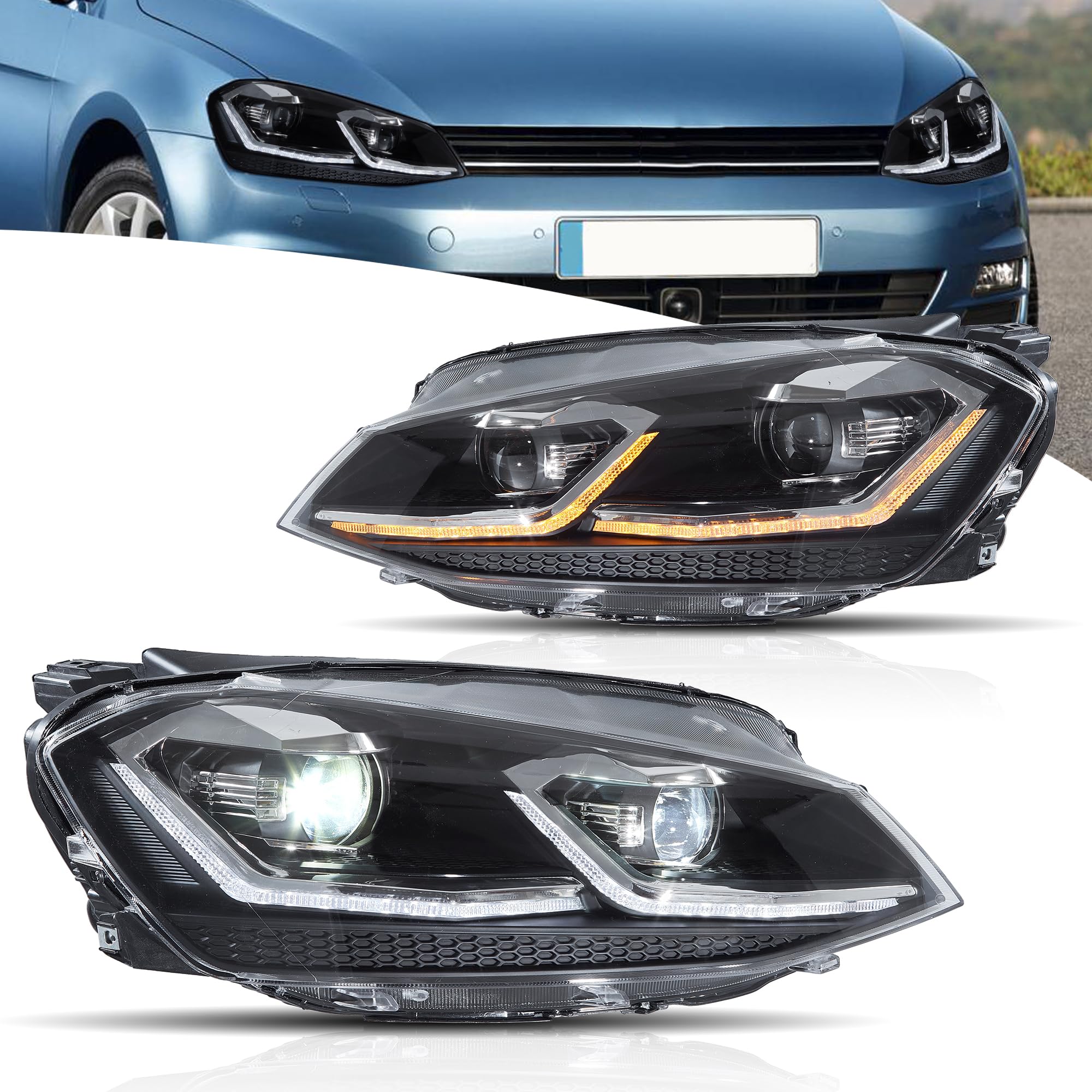 VLAND Fari Full LED per Golf 7 Golf MK7 TSI TDI Alogena 2012-2017 [non per GTI/Xenon/MK7.5/spina a 14/12 pin], con indicatore di direzione dinamico - Argento