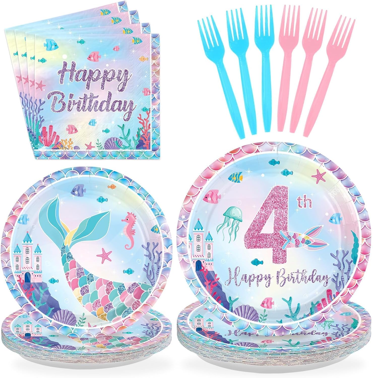 96Pcs 4th Mermaid Birthday Party Decorations Castle Mermaid 4th Birthday Plates and Napkins Disposable Little Mermaids Tableware Set for Girls 4 Year Old Mermaids Party Supplies, Serves 24