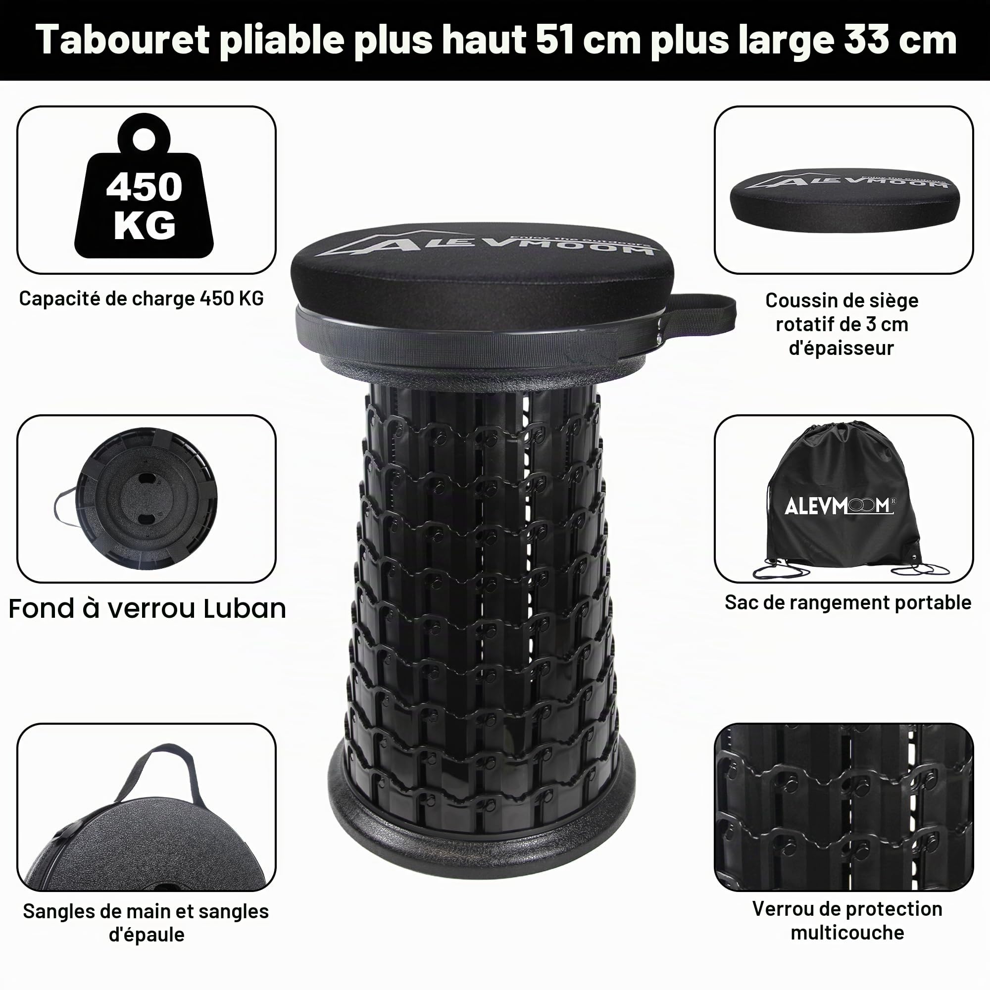 ALEVMOOM Tabouret télescopique Portable avec Coussin épais - Charge maximale : 450 kg - Tabouret Pliable pour l'extérieur, Le Camping, la pêche, la randonnée, Les Voyages
