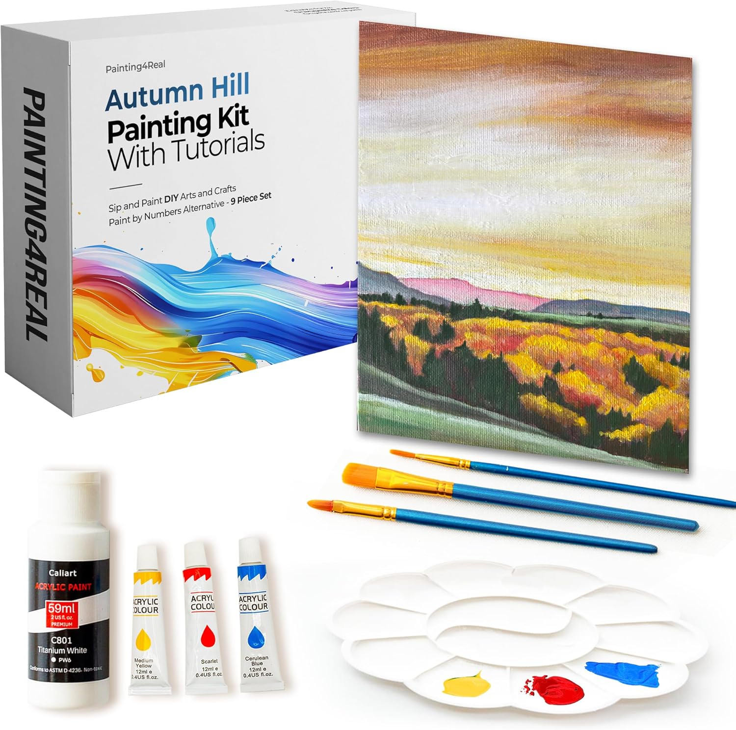 Painting4Real DIY Art Painting Kit for Adults – Learn to Paint Autumn Hill with Video Tutorials – 9 Pieces Acrylic Paint Set for Adults –Perfect Christmas Crafts & Holiday Gifts for Art Lovers