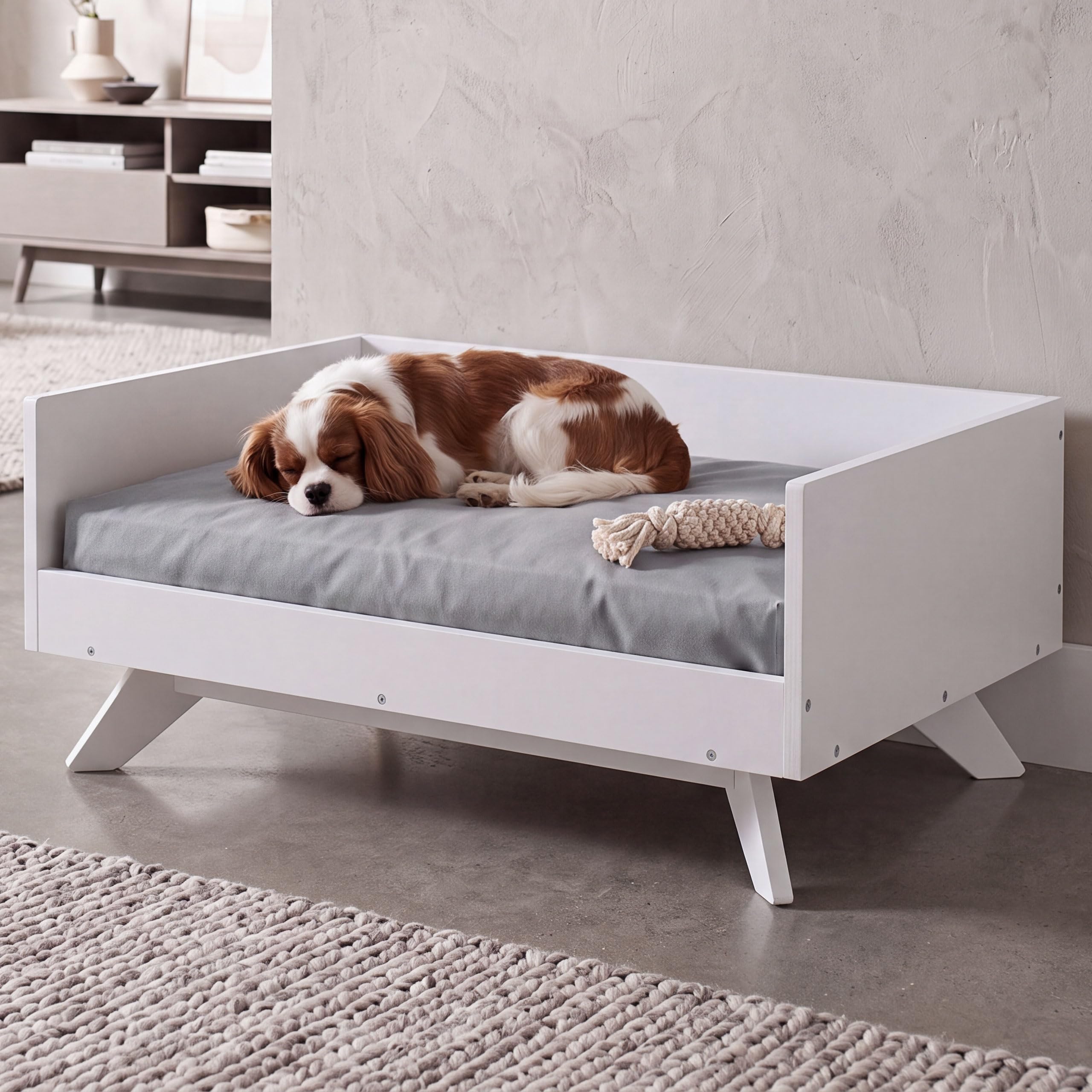 Mendler Lit pour Animaux HWC-Q64, Panier pour Chats et Chiens, Corbeille pour Animaux, couchette, en Bois MVG 32 x 72 x 50 cm - Blanc, Coussin Gris