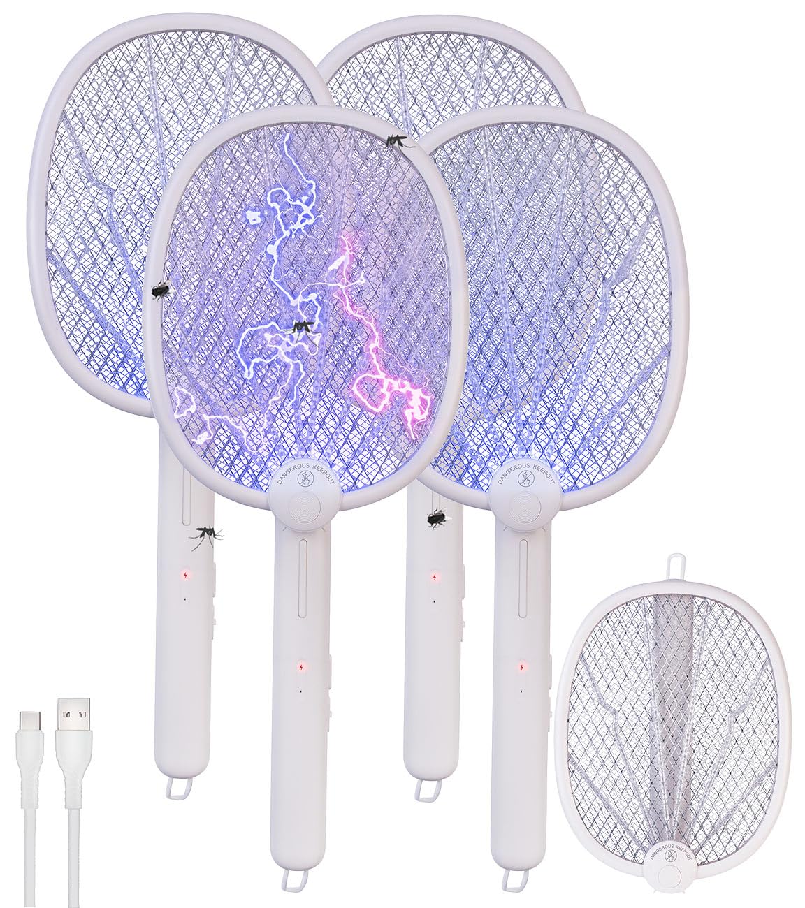 Exbuster Insekten-Schutze: 4er-Set 2in1-Akku-Insektenvernichter & Fliegenklatschen mit UV-LEDs (Fliegenklatsche ohne Flecken, Anti-Mücken-Lampe, Motten)