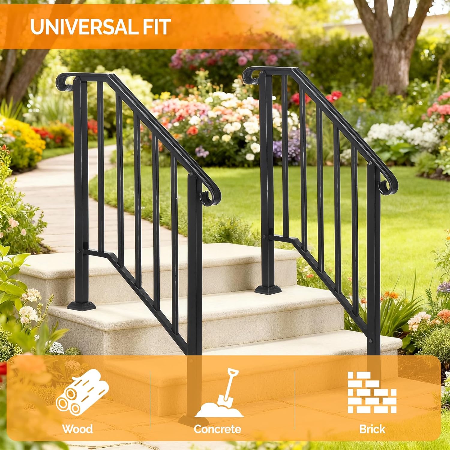 VINGLI Handrails for Outdoor Step, Stair Handrail Fits 1 to 5 Steps, Wrought Iron Hand Rail Stair Railing Kit for Concrete/Porch/Wooden Steps (Black, 2 to 3 Steps)