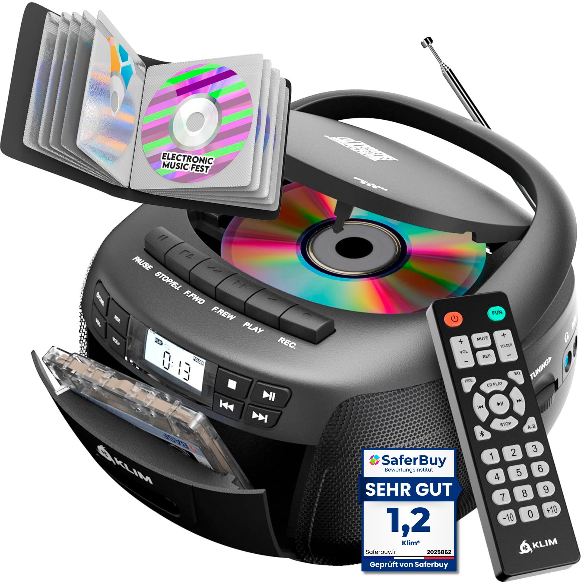 KLIM CD Player mit Kassette & Etui, Kassettenspieler, Kassettenrekorder, Bluetooth CD Player mit Radio & USB, AM/FM Radio, Netz- und Batteriebetrieb