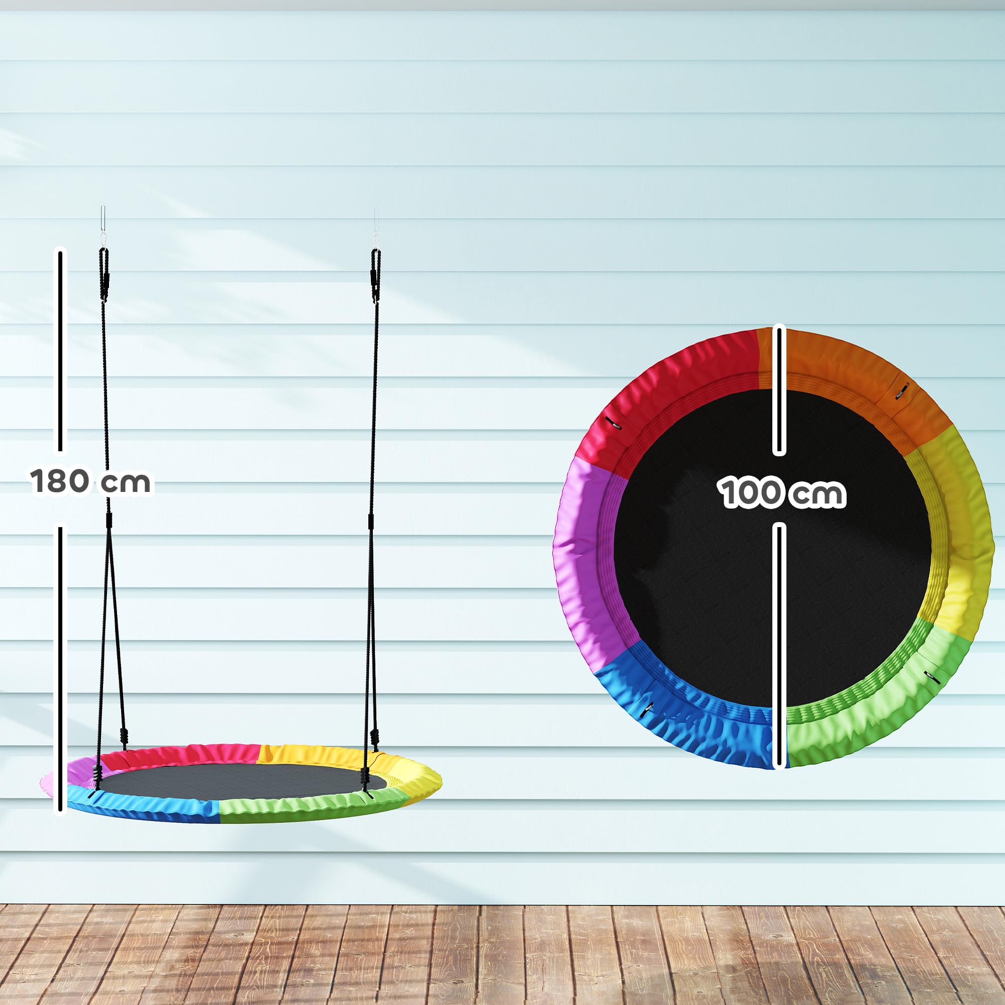 AIYAPLAY Huśtawka Gniazdo Regulowana Ø 100 cm do 300 kg Huśtawka Ogrodowa z Regulowanymi Linami, Talerzowa Huśtawka dla Dzieci i Dorosłych, do Użytku Zewnętrznego i Wewnętrznego, Wielokolorowa