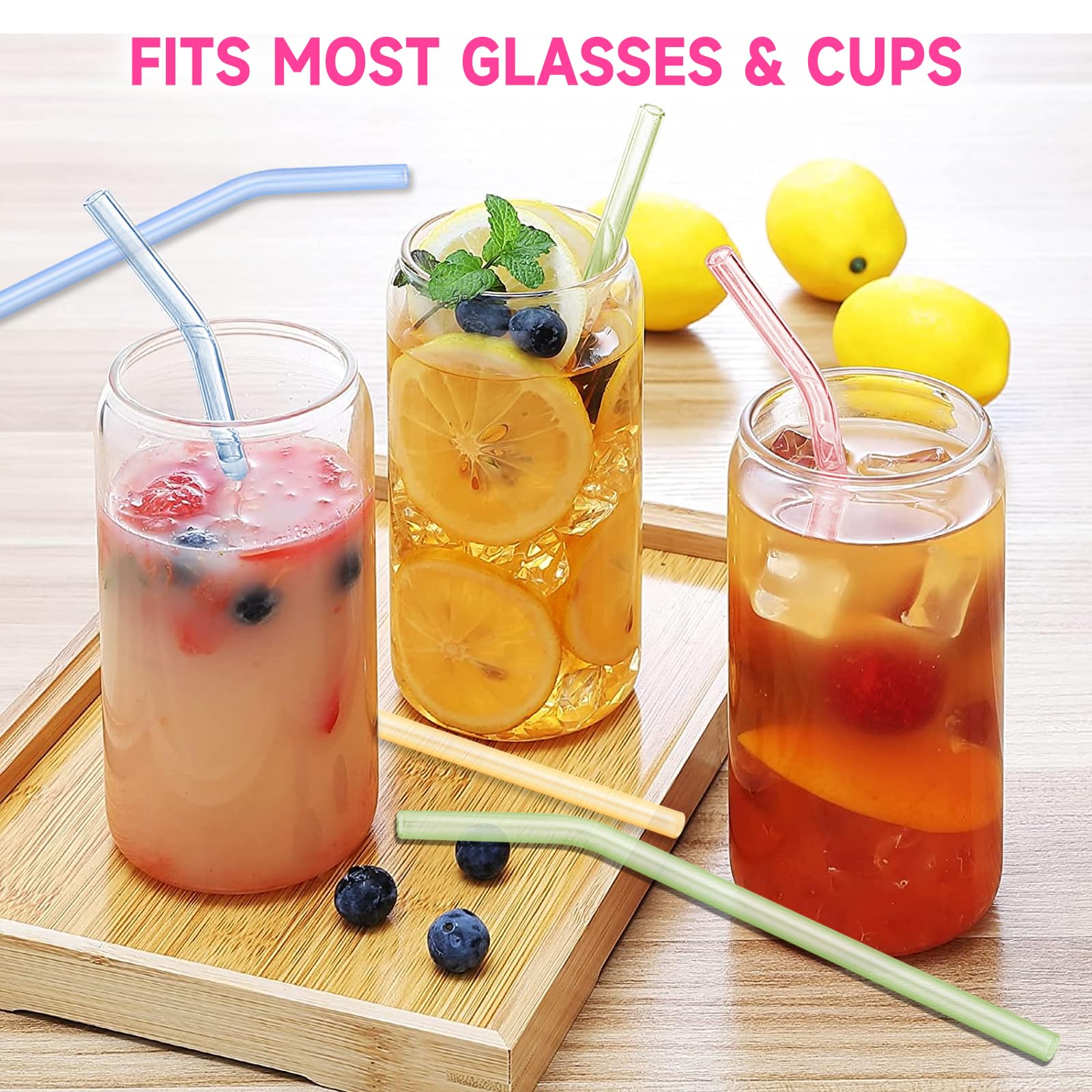 Reusable Glass Straws Shatter Resistant 8” x 8mm, 10 Pcs Colorful Glass Drinking Straws with 2Pcs Cleaning Brush, Including 5 Straight and 5 Bent Reusable Straws for Beverage, Milk, Juice, Coffee: 10 Colorful