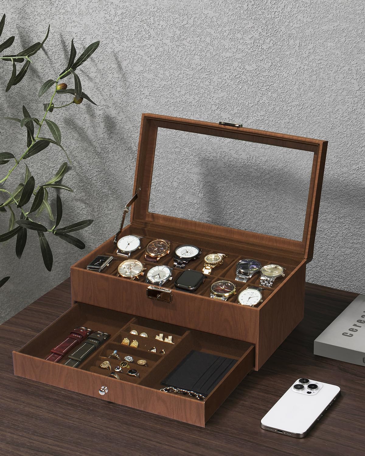 Caja para Relojes, Estuche para 12 Relojes con Tapa de Cristal, Caja Doble con Cerradura para Guardar Relojes y 1 cajón para Anillos y Pendientes, Idea de Regalo.