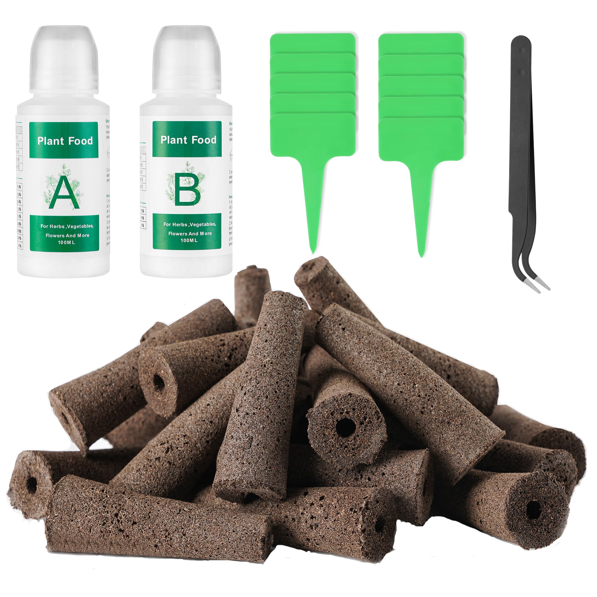 Seed Pods Kit for AeroGarden, 30pcs Grow Sponges with A&B Nutrient, 1 Tweezers, 10 Tags, Seed Starter Pods Replacement Root Growth Sponges Compatible with Hydroponics Growing System