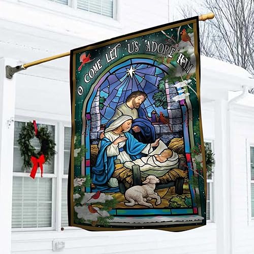 Holy Family O Come Let Us Adore Him - Bandera de invierno para jardín, bandera de Navidad religiosa para exteriores, 28 x 40 pulgadas, doble cara,