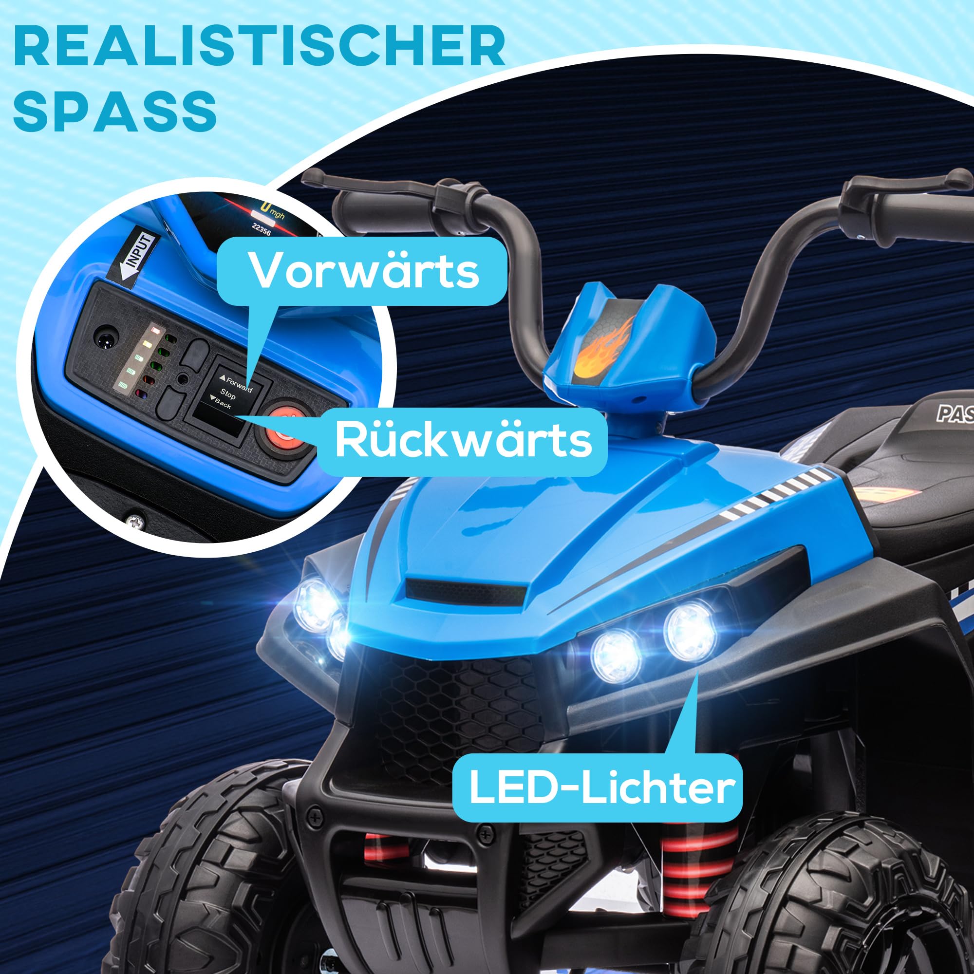 AIYAPLAY Quad elettrico per bambini, 12 V, con sospensioni a 4 ruote, lettore musicale MP3, veicolo per bambini con fari, marcia avanti e indietro, per bambini da 3 a 5 anni, 5 km/h, metallo, blu