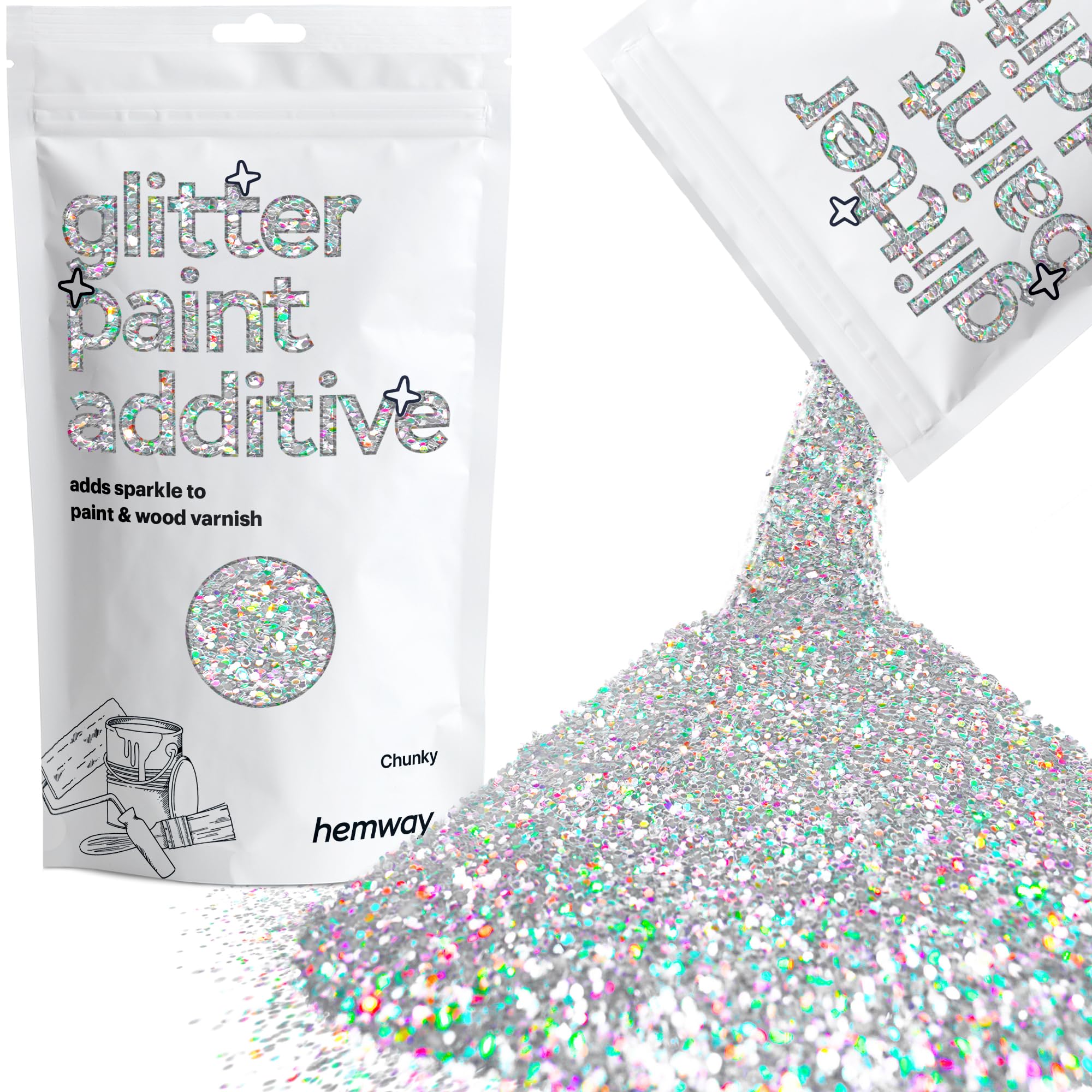 Hemway Glitter Paint Additive - Silver Holographic | 100g Chunky Metallic Flakes for Adding Sparkle to Paints & Wood Varnish | Add to Emulsion, Acrylic & Latex for Indoor Sparkly Walls