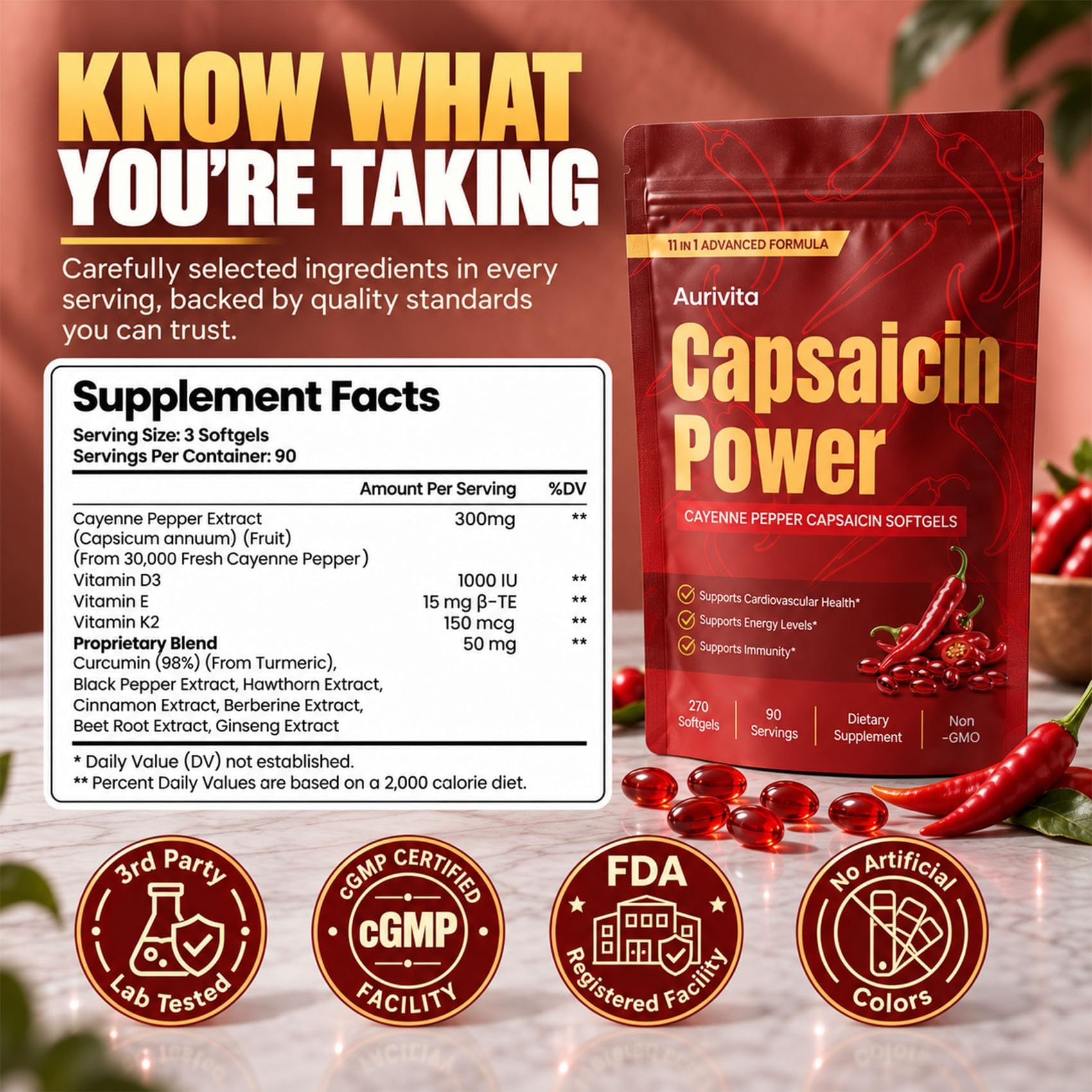Cayenne Pepper Capsules, 270 Aurivita Capsaicin Softgels Supplement — Amazon image 6