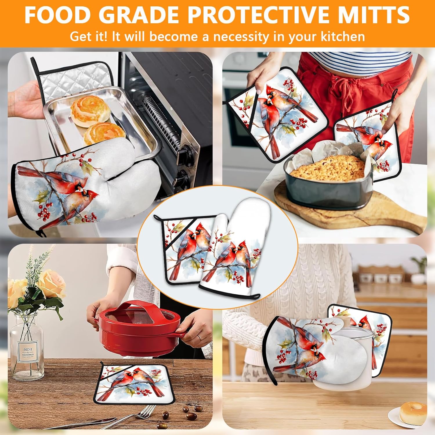 Red Cardinal Birds Oven Mitts and Pot Holders Sets 4Pcs,Extra Long Oven Gloves Potholder for Kitchen Cooking Baking BBQ 100% Cotton Heat Resistant - Image 7