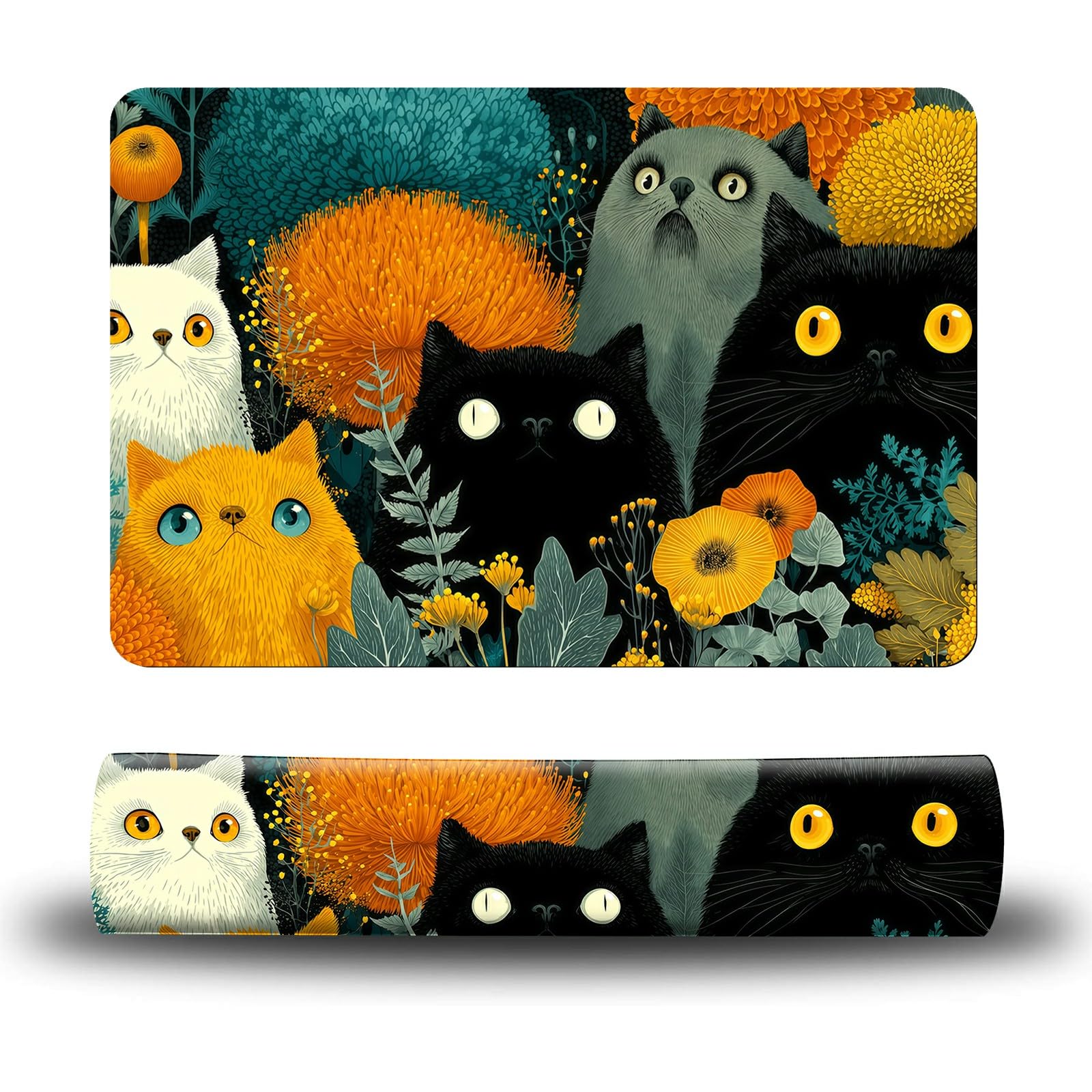 Dikoer Dog Food Mat, 15.7" x 23.6" Absorbent Pet Feeding Mat for Food and Water, Waterproof Diatom Mud Pet Placemat with Non-Slip Rubber Backing, Easy Clean Cat Bowl Mat for Floors - Black Yellow Cat