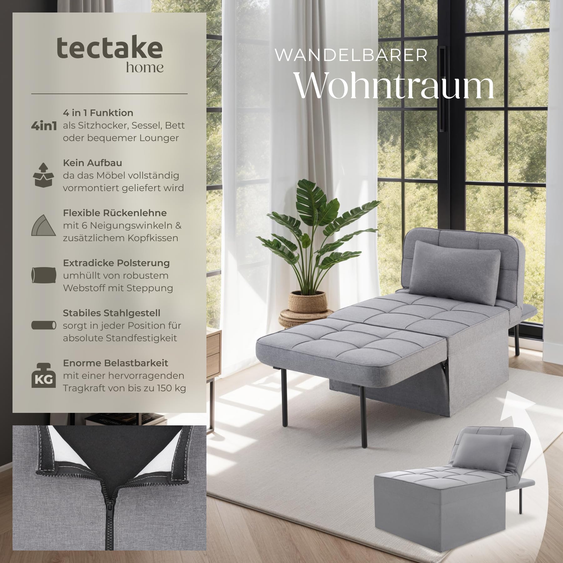 tectake® 4 in 1 gemütlicher Hocker mit Schlaffunktion, Sofa, Sessel oder Lounger, 6-Fach klappbar, als Couch, modulares Schlafsofa oder Lesesessel, für Schlafzimmer, Jugendzimmer, Wohnzimmer - grau