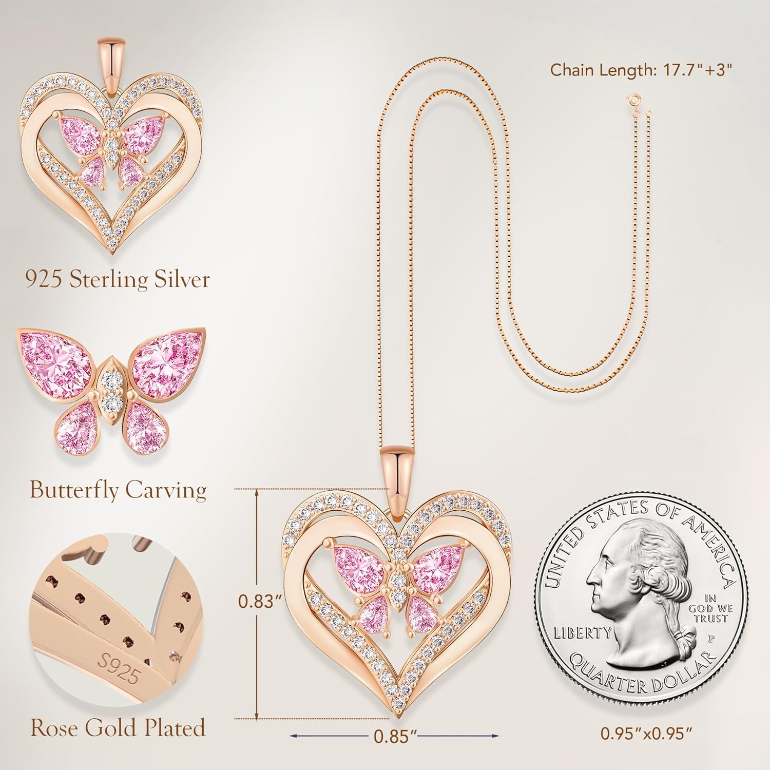 Pink Pendant Necklace for Women 925 Sterling Silver Aquamarine Heart Necklace Handmade Love Necklace for Valentines Birthday Gifts for Wife Girlfriend Daughter(Butterfly)