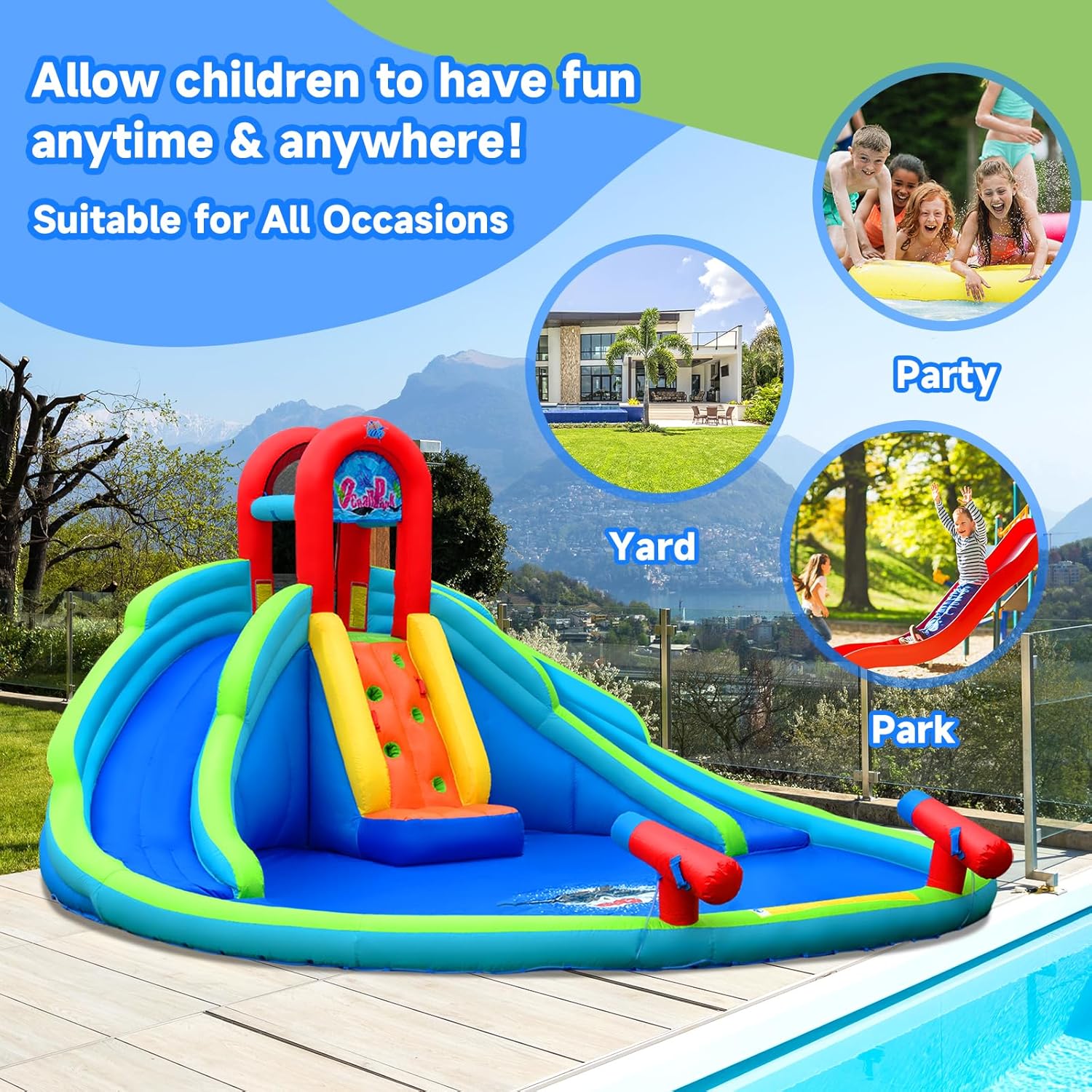BOUNTECH Inflatable Water Slide, 18x17FT Mega Kids Waterslide Park for Outdoor with 2 Long Slides, Splash Pool, Handrail Upgrade, Blow up Water Slides Inflatables for Big Kids Backyard Party Gifts