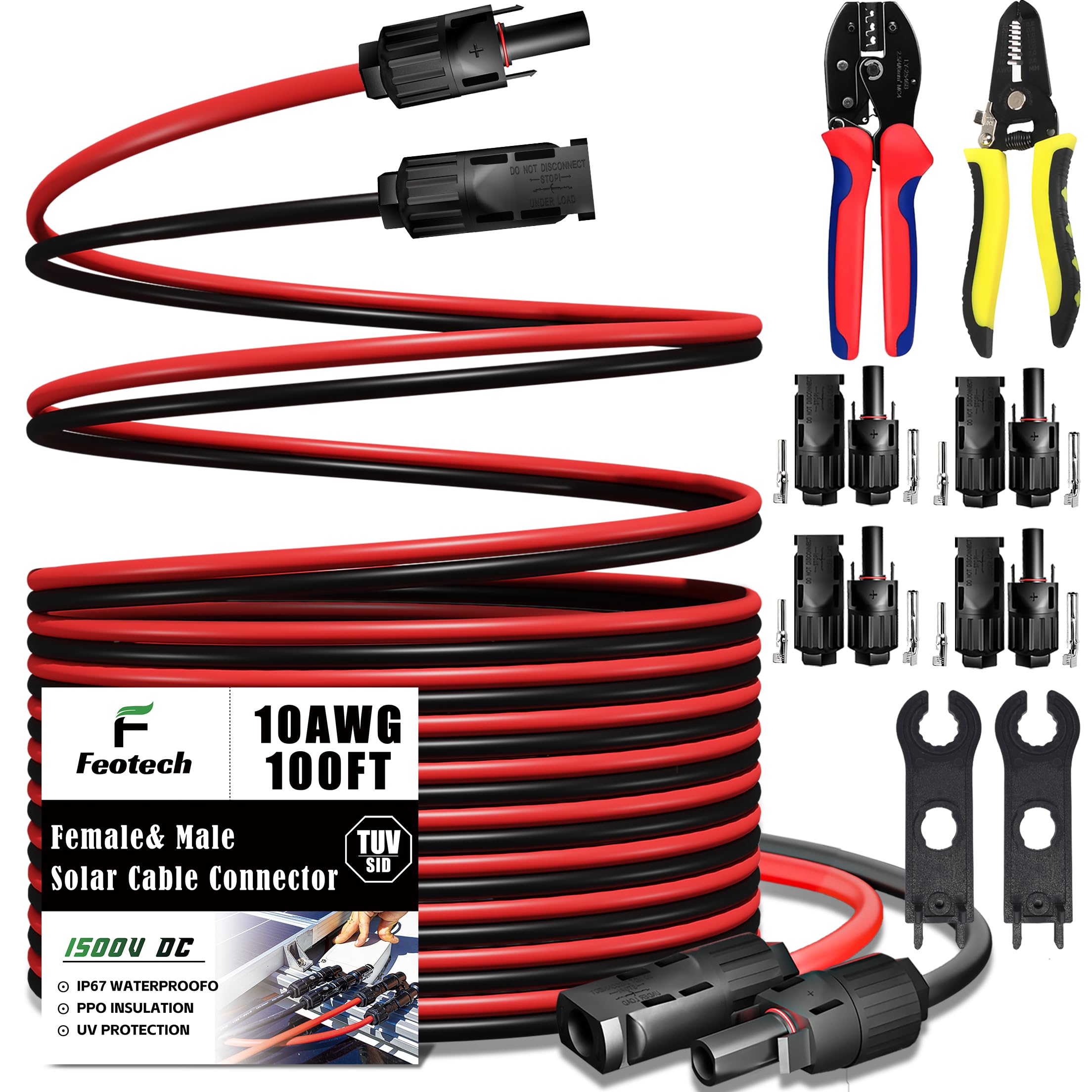 Cable de extensión solar de doble cable de 100 pies, conector de panel solar de 10 AWG (6 mm²), con conectores solares IP67 macho/hembra para exteriores, automóvil, caravana, barco, panel