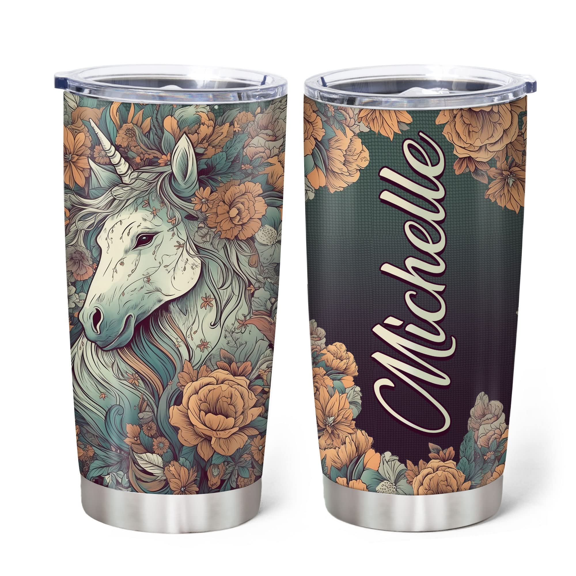 Hyturtle Personalized Gifts For Unicorn Lover - Unicorns Floral Printed Custom Name Stainless Steel Tumbler 20oz With Lid - Idea Animal Lover Gifts For Women Girl On Birthday, Christmas