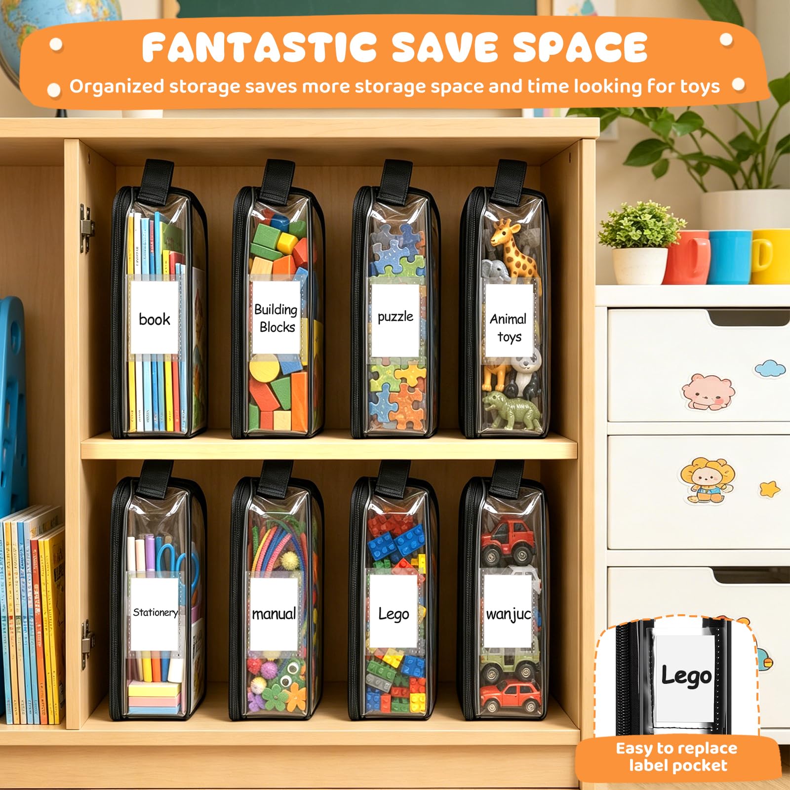 Confezione da 8 organizer per giocattoli, in PVC trasparente, con cerniera, impermeabili, riutilizzabili, per puzzle, blocchi da costruzione, giochi da tavolo, cancelleria, libri per bambini (grande