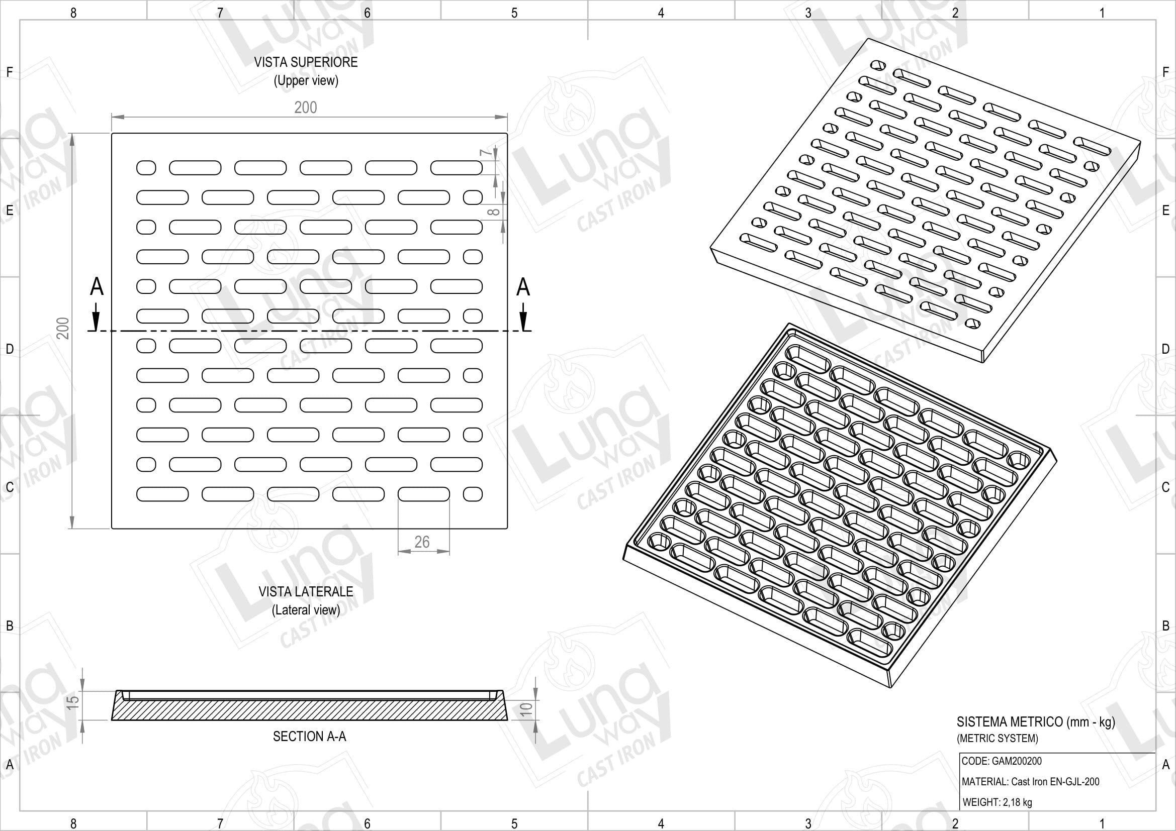 Lunaway Lüftungsgitter aus Gusseisen für Kamin und Ofen | Umfangsdicke 1,5 cm | Mitteldicke 1 cm (20 x 20 cm)