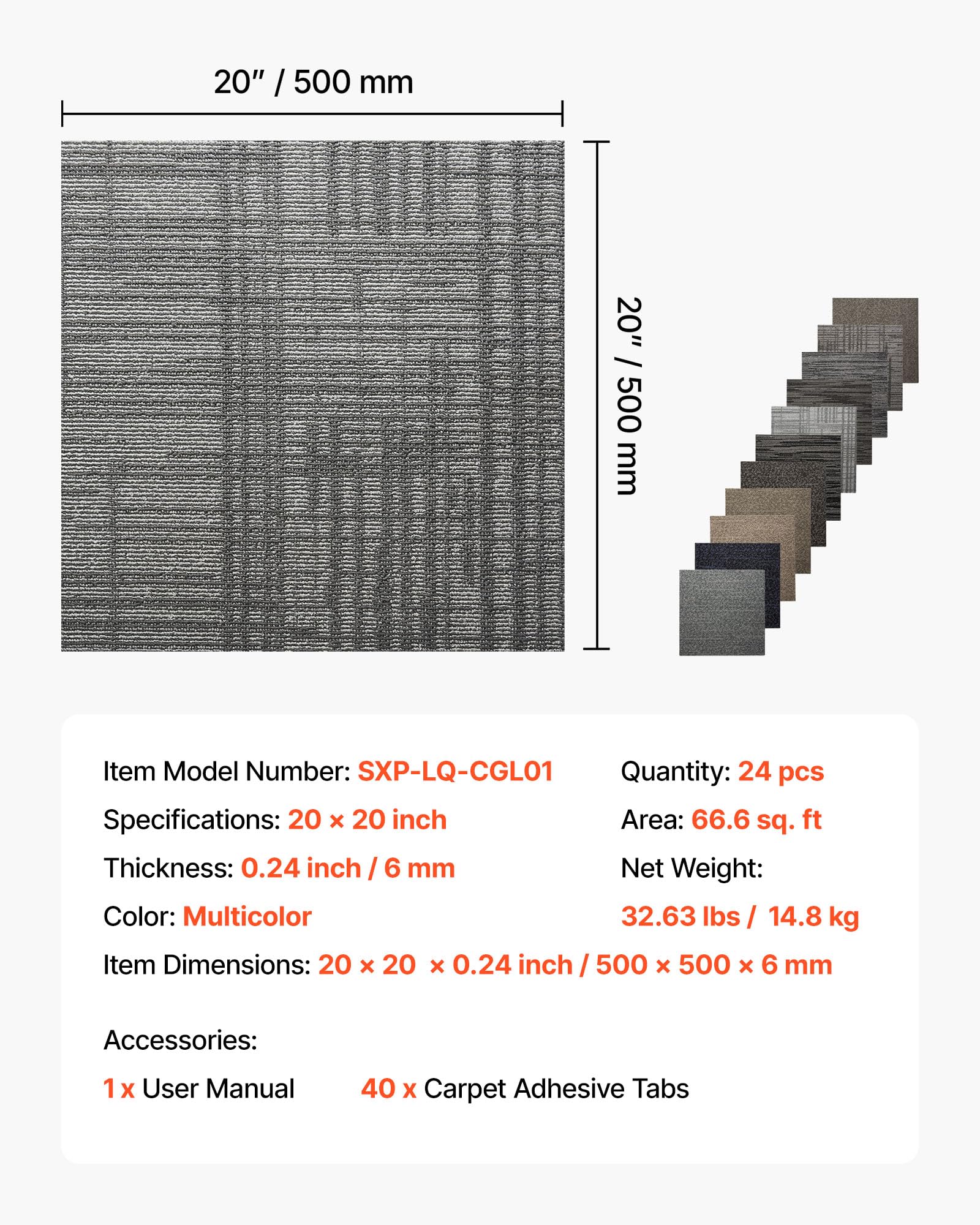 VEVOR Teppichfliesen 500 x 500 x 6 mm, 24er-Pack, selbstklebender Teppichboden mit Fläche von 6,2 m², Teppich Bodenbelag, einfacher DIY-Austausch für Wohnzimmer und Büro, mehrfarbig