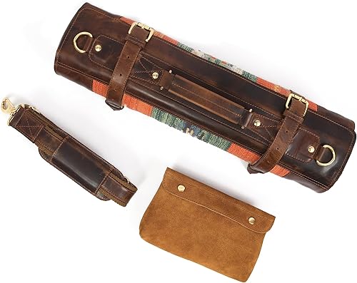 Miniatura 8 de Tolredo - Estuche de piel de vaca y cuchillo de chef Kilim con 10 ranuras y 1 bolsillo con cremallera para almacenamiento culinario, bolsa portátil