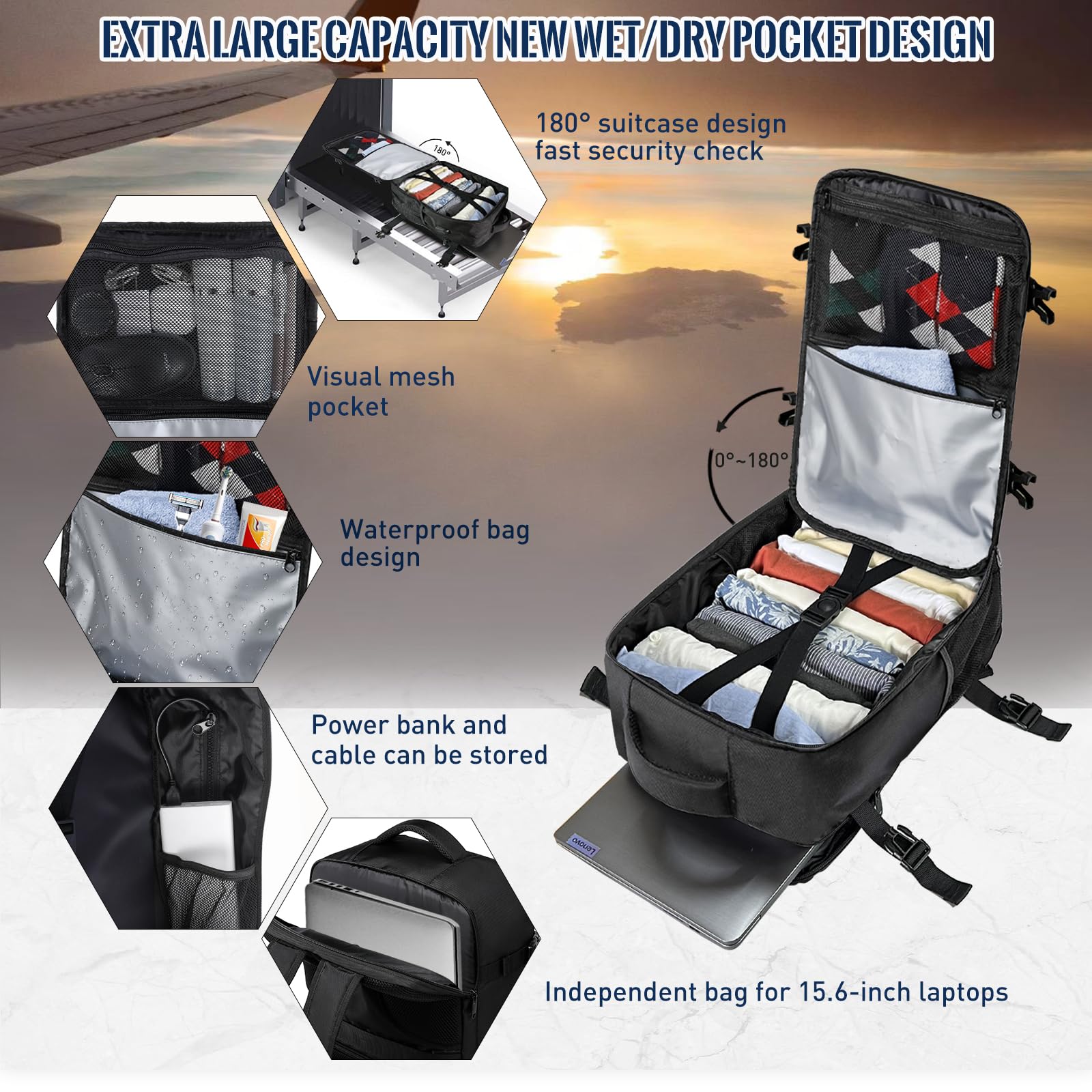 YCFAN per Zaino Ryanair 40x20x25, Zaino da Viaggio, Piccolo Zaino da Viaggio per Viaggiare Fit 15.6 Laptop, Borsa Bagaglio a Mano Zaino Viaggio con Porta Cavo