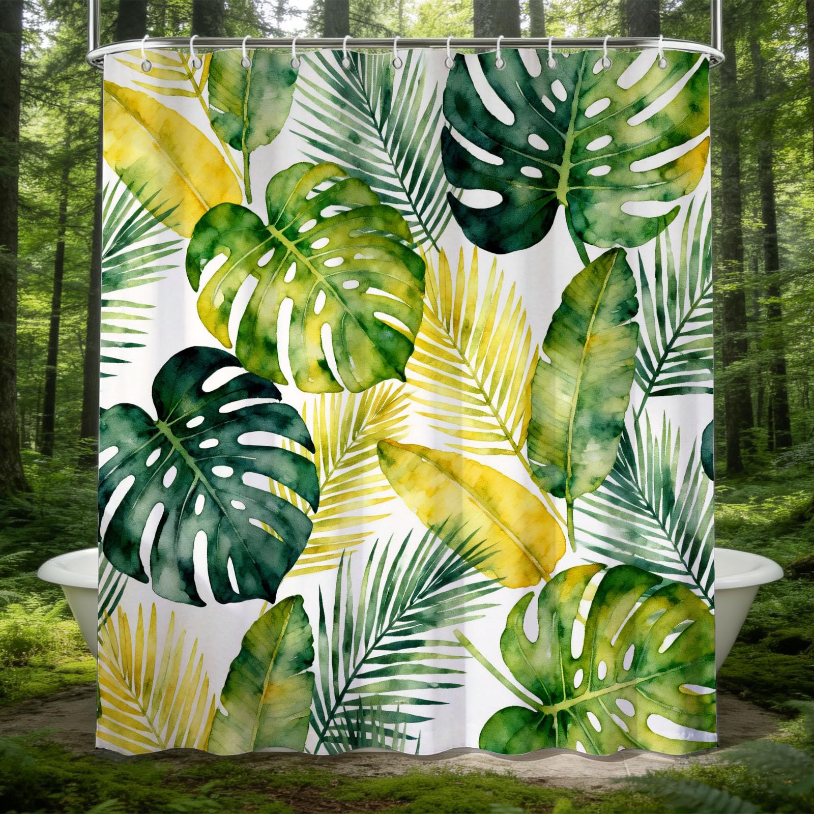 Hongduo 3D Monstera Shower Curtain for Stalls Bathtubs Watercolor Bathroom Decor Shower Curtain Set Polyester Fabric Waterproof 180x200cm/71X79 Inch with Hooks