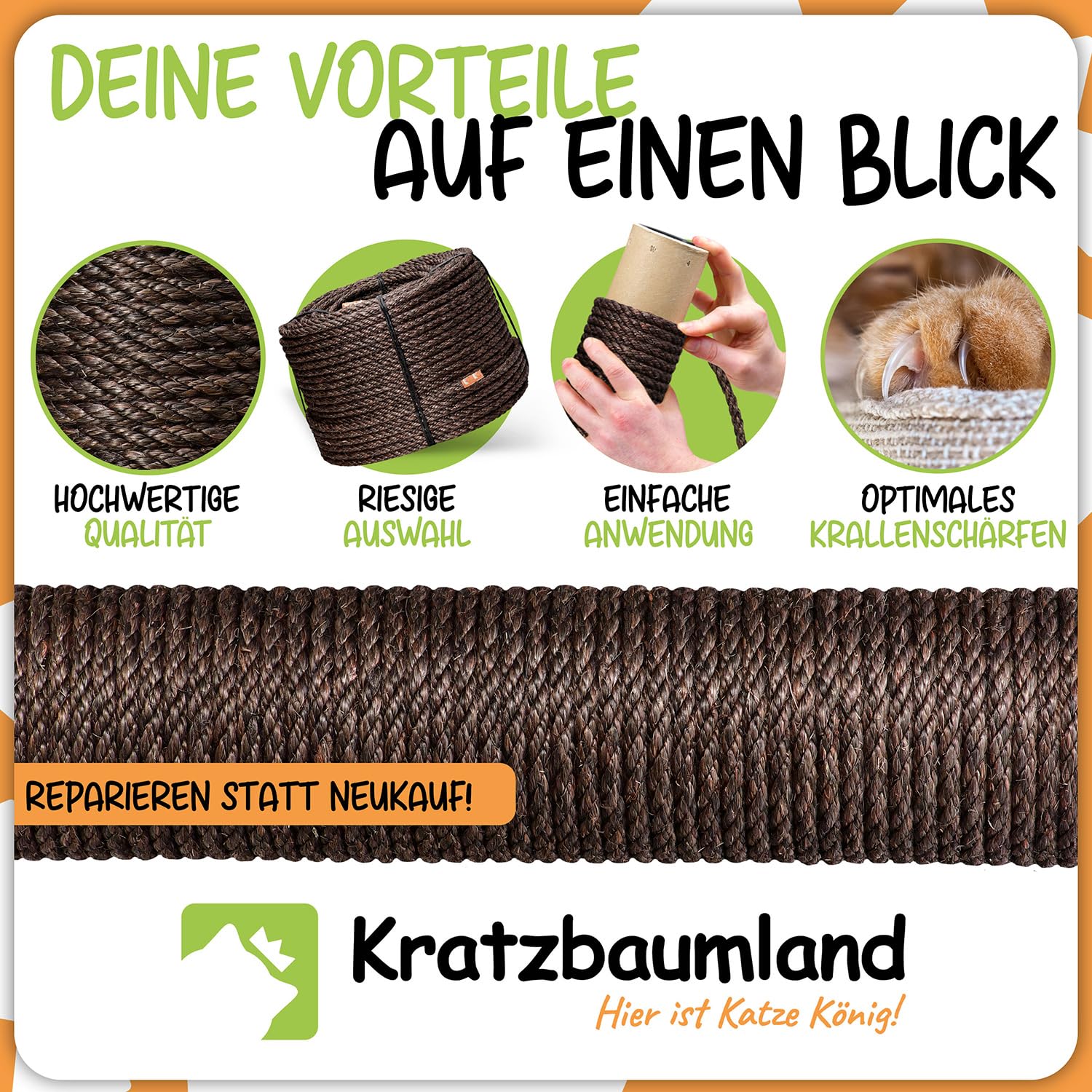 Kratzbaumland Premium-Sisalseil braun 8 mm, braunes Sisalseil für Kratzbäume (versch. Längen) (100 Meter)
