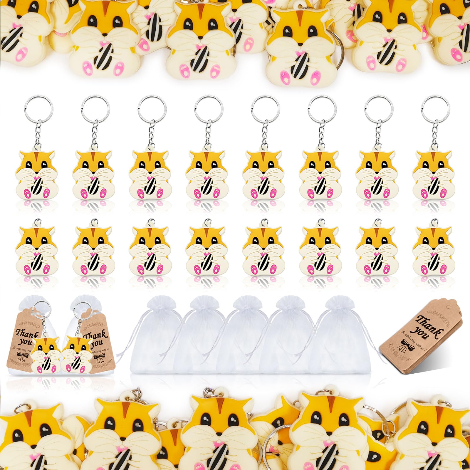 60 Pack Hamster Party Favors Include 20 Hamster Keychains, 20 Thank You Tags, 20 Gift Bags for Pet Party, Baby Shower, ONE First Birthday, Gender Reveal, Guest Goodie Bag Fillers
