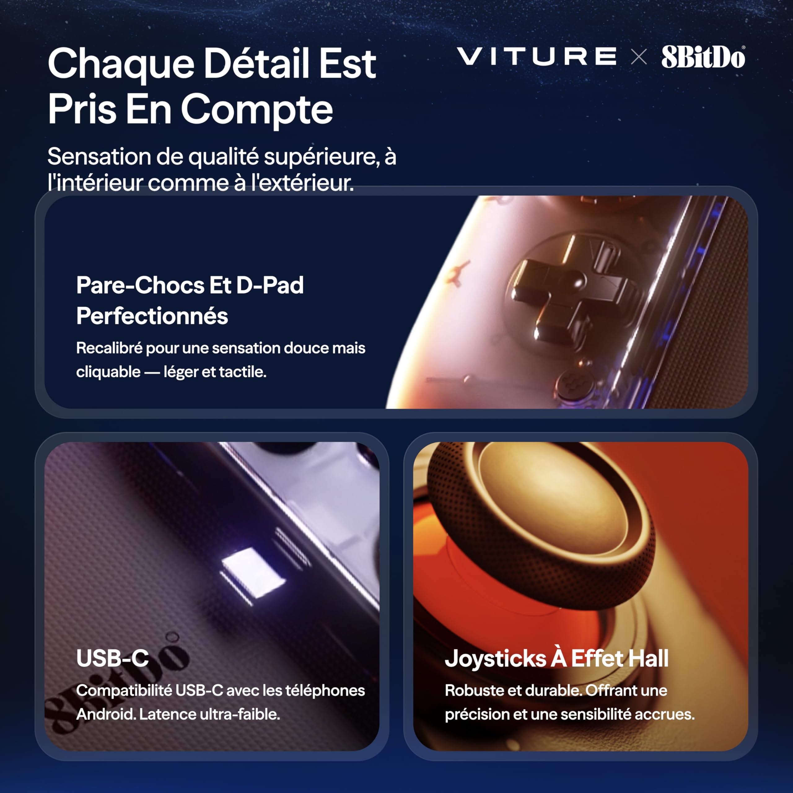 VITURE x 8BitDo Ultimate Mobile Gaming Controller - 1er Mondial Pour Lunettes XR | USB-C Latence Min, Sticks Effet Hall, Jeu+Charge, Perf Pro Android