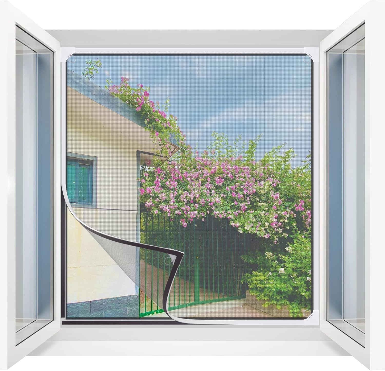 Moustiquaire Fenetre Magnétique Recoupable jusqu’à 130x150 cm – Aimants Puissants, Sans Vis,Bande Magnétique Autocollante,Fibre de Verre, Cadre Blanc, Mesh Grise