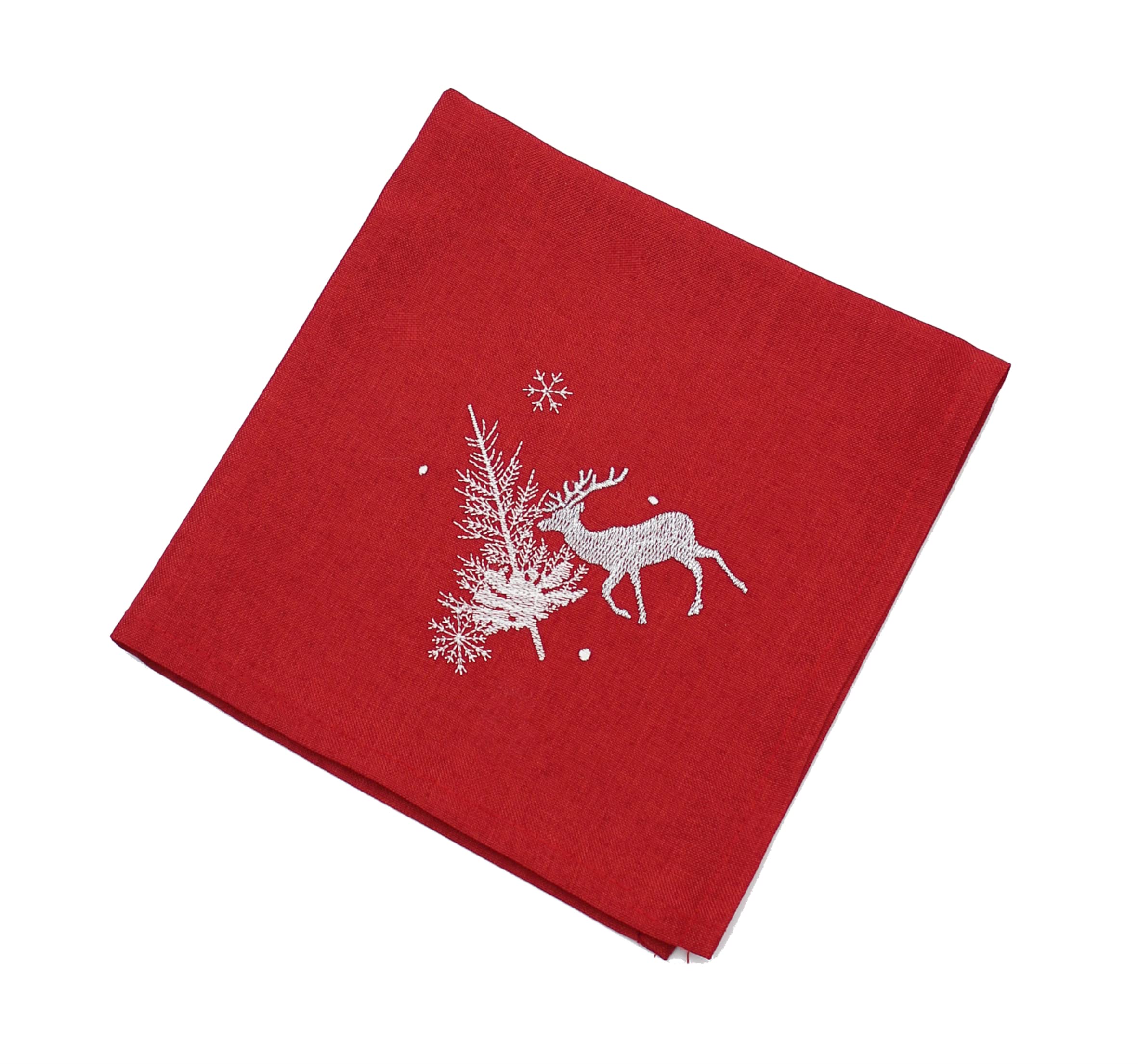 Peggy Wilkins Red/Silver Neve Woodland Stag Embroide Christmas Napkin 18" X 18"