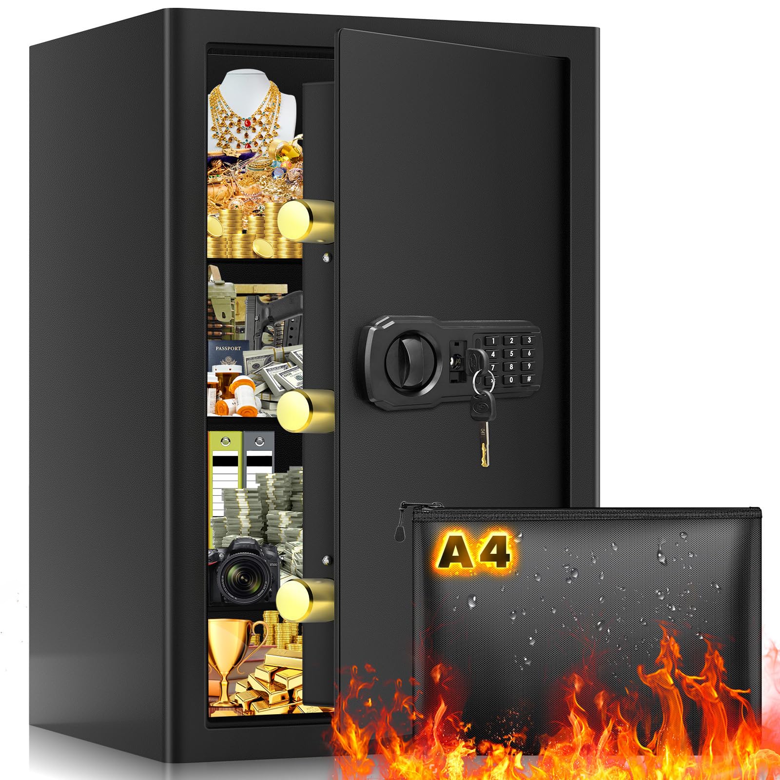 80L Large Safe Box with Document Bag, Personal Security Home Safe with 3 Removable Shelf, Anti-Theft Lock Box for Documents Money Jewelry Valuables
