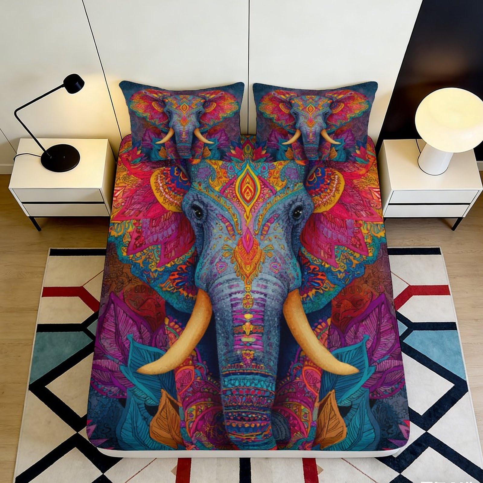3D Printed Colorful Elephant Fitted Sheet Microfiber Soft Breathable Mandala Bed Cover for Bedroom Dormitory Guest Room Mattress Protection Decor 160x200x25cm