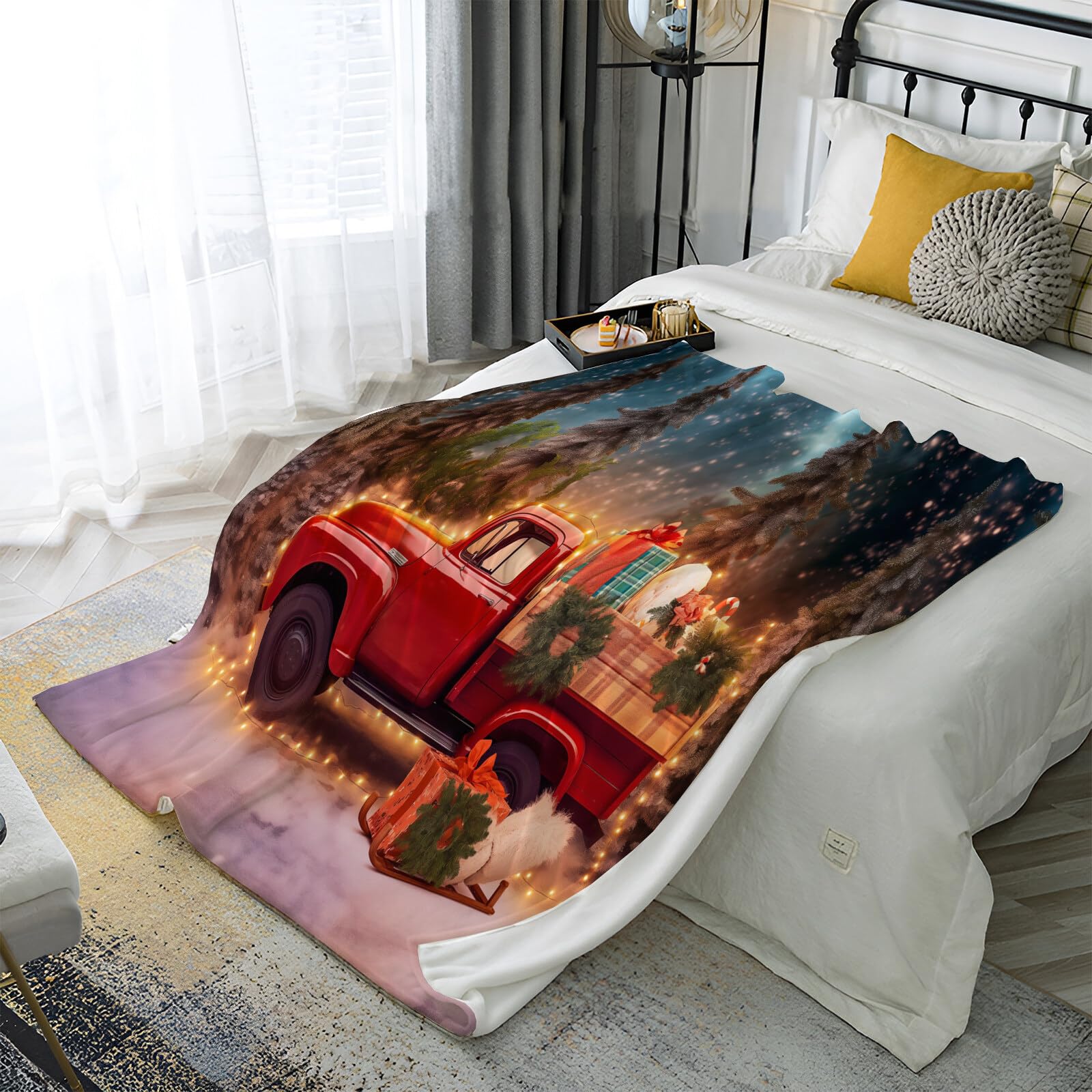 Manta De Navidad Rojo Verde Camión Pino 220X240Cm Suave Cálida Y Peluda Decoración Navideña,Acogedora Paisaje del Festival Adolescentes De Adultos para TV Sofá En Vacaciones