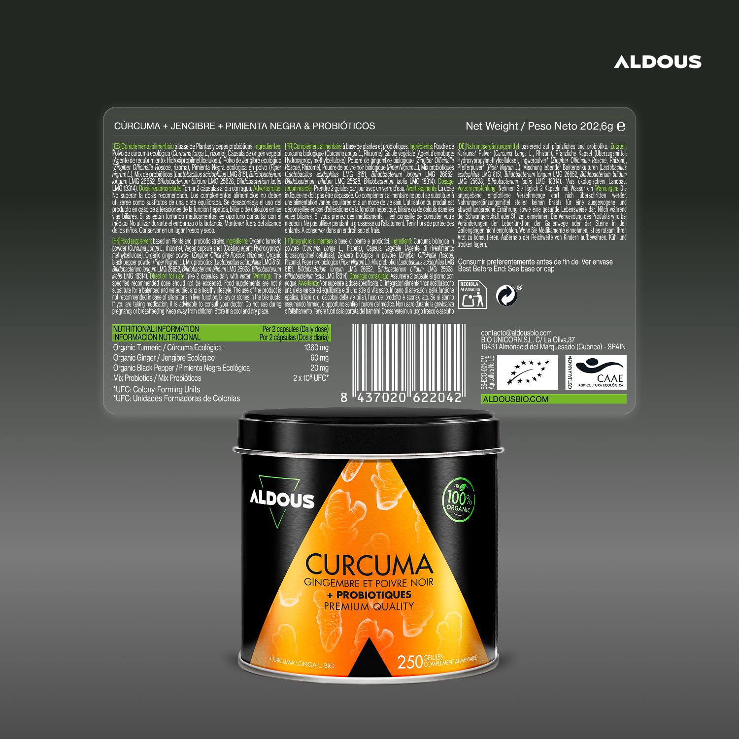 250 Gélules PROBIOTIQUES + Curcuma BIO au Gingembre et Poivre Noir - 1460mg - Curcuma à base de Curcumine et Pipérine - Anti-inflammatoire Naturel - Formule Avancée - Certifié Bio - ALDOUS